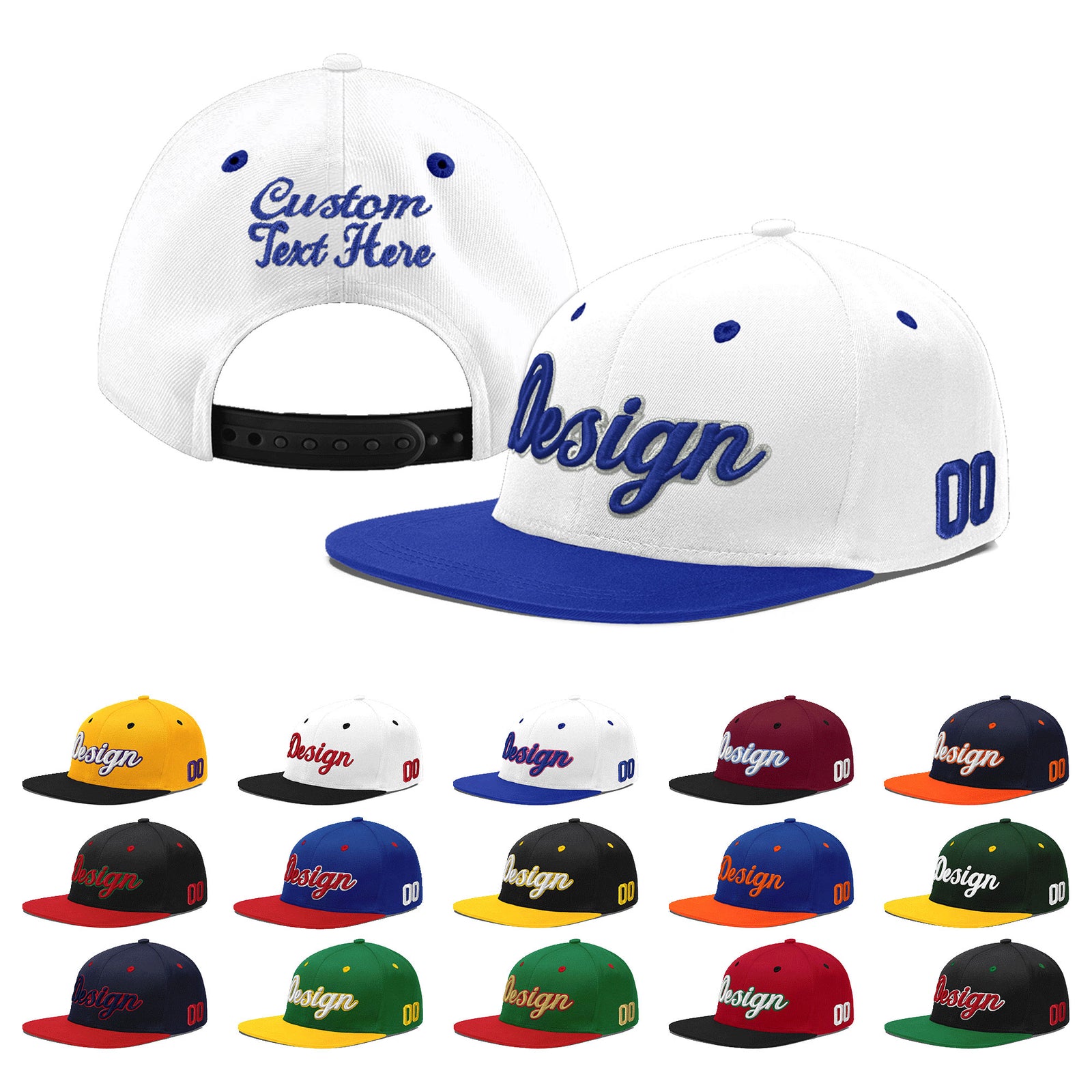 Custom White Royal Blue 27D Puff Embroidery Flat Embroidery Casual Sport Baseball Cap