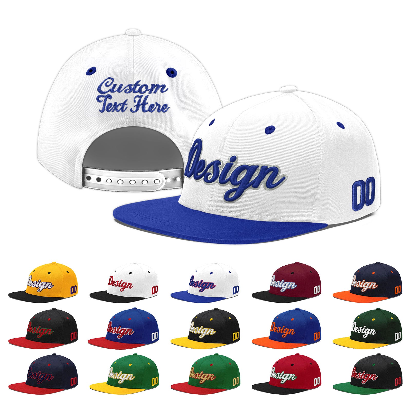 Custom White Royal Blue 27D Puff Embroidery Flat Embroidery Casual Sport Baseball Cap