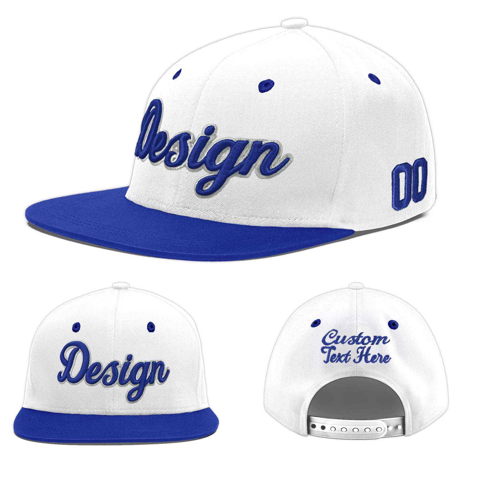 Custom White Royal Blue 28D Puff Embroidery Flat Embroidery Casual Sport Baseball Cap