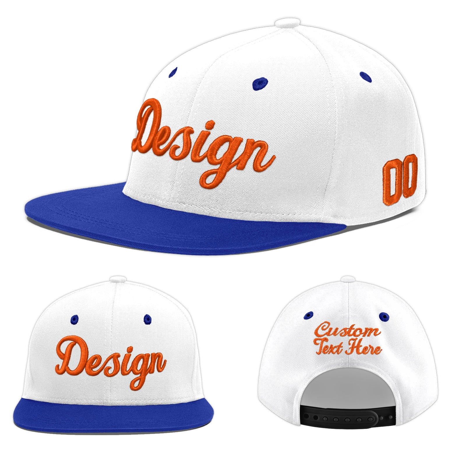 Custom White Royal Blue 36D Puff Embroidery Flat Embroidery Casual Sport Baseball Cap