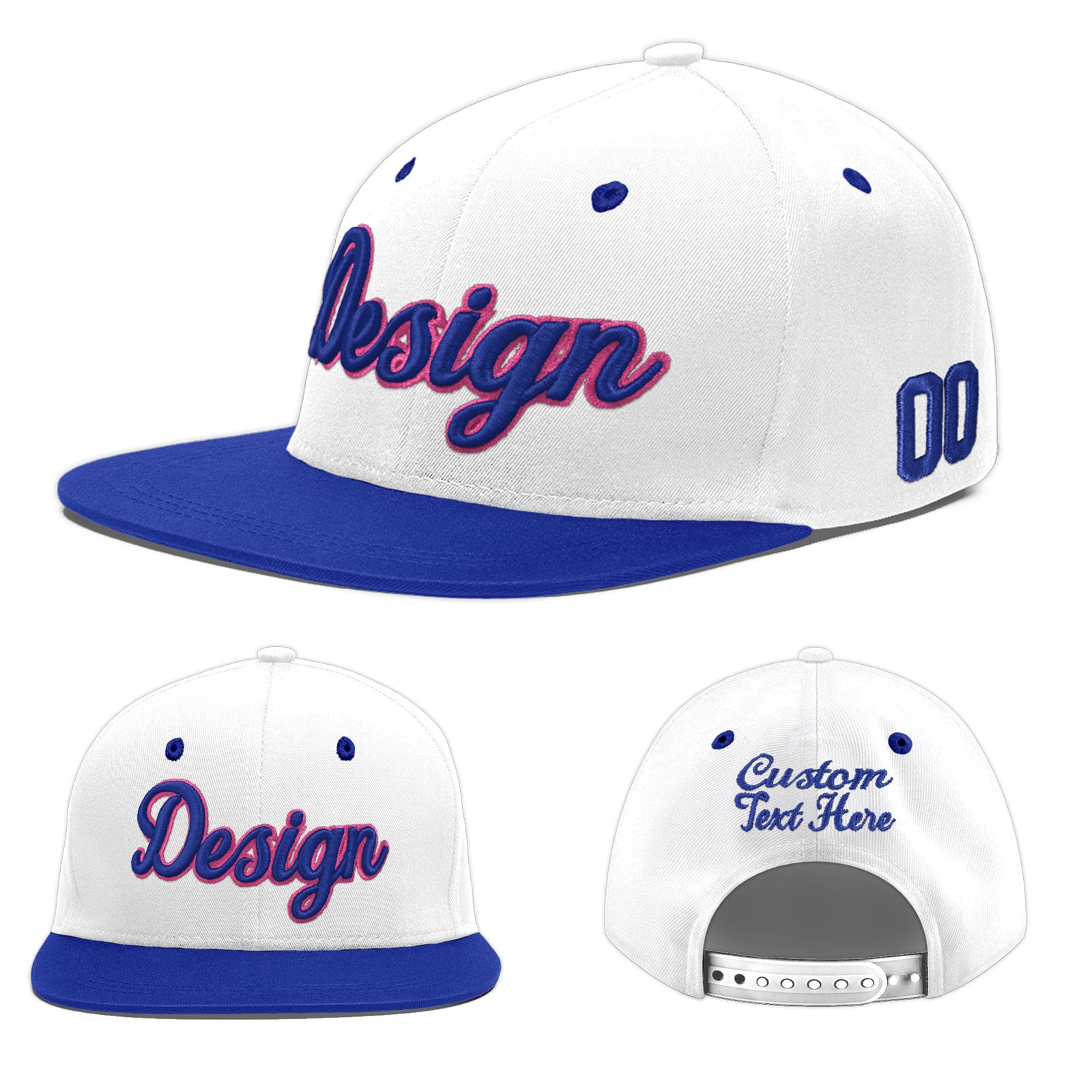 Custom White Royal Blue 36D Puff Embroidery Flat Embroidery Casual Sport Baseball Cap