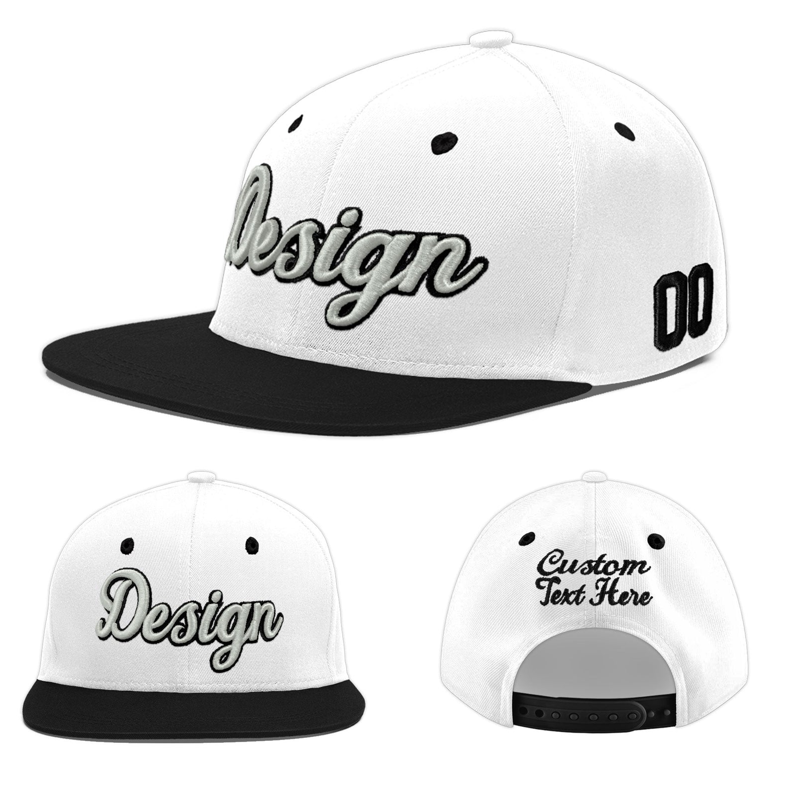 Custom White Black 3D Puff Embroidery Flat Embroidery Casual Sport Baseball Cap