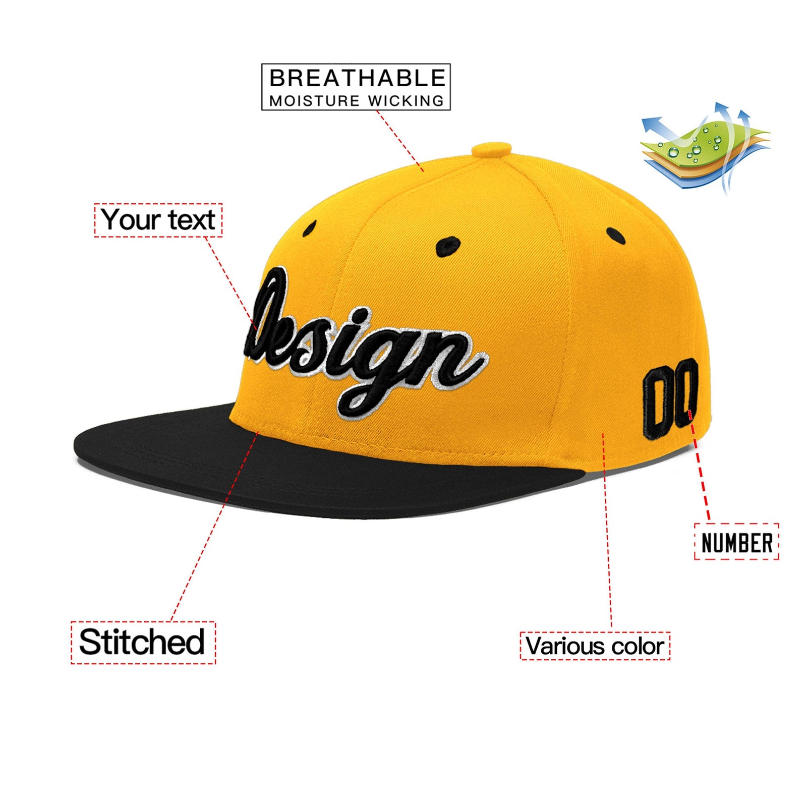 Custom Gold Black 3D Puff Embroidery Flat Embroidery Casual Sport Baseball Cap