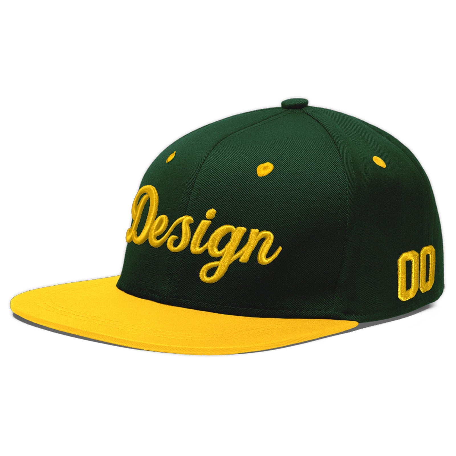 Custom Green Gold 3D Puff Embroidery Flat Embroidery Casual Sport Baseball Cap