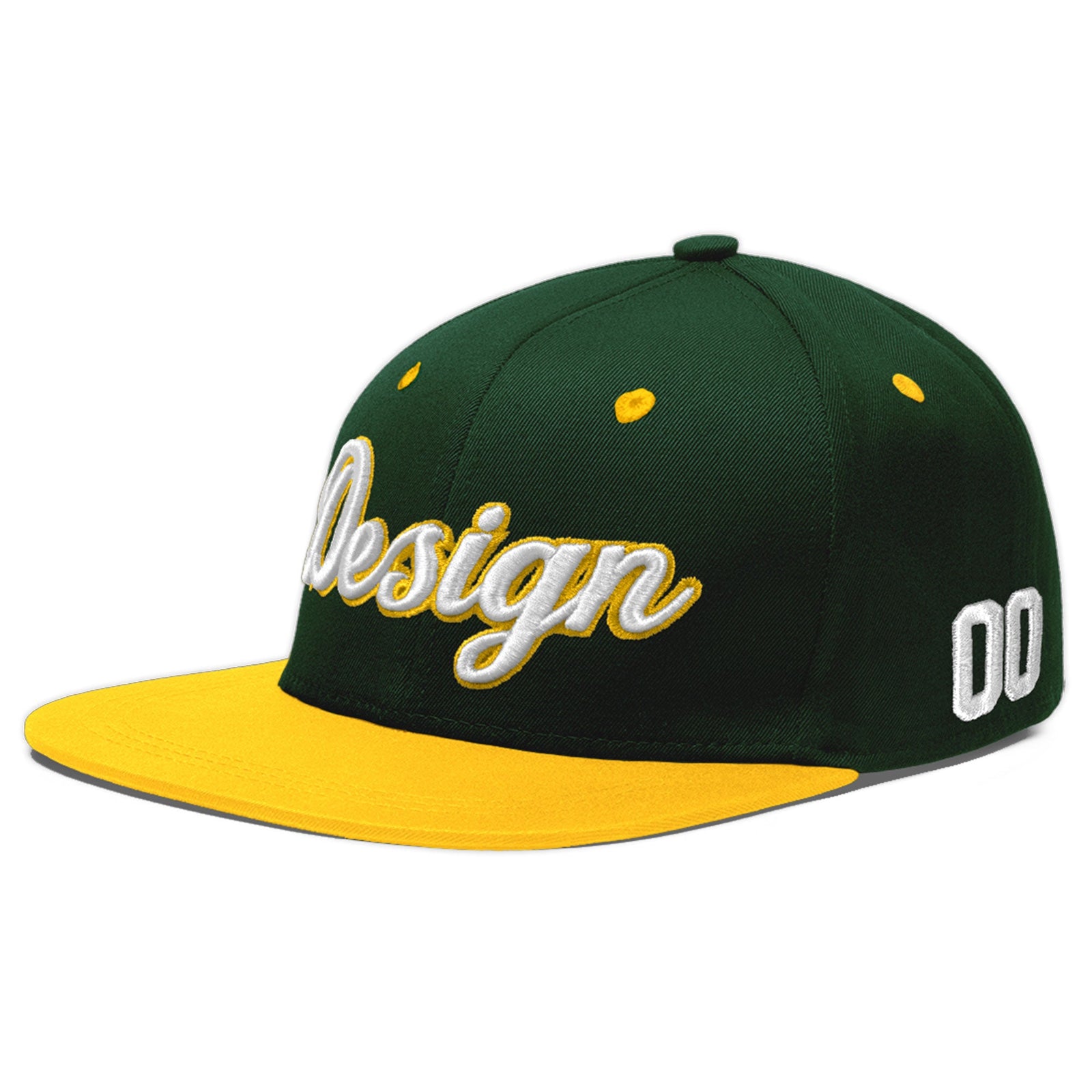 Custom Green Gold 3D Puff Embroidery Flat Embroidery Casual Sport Baseball Cap