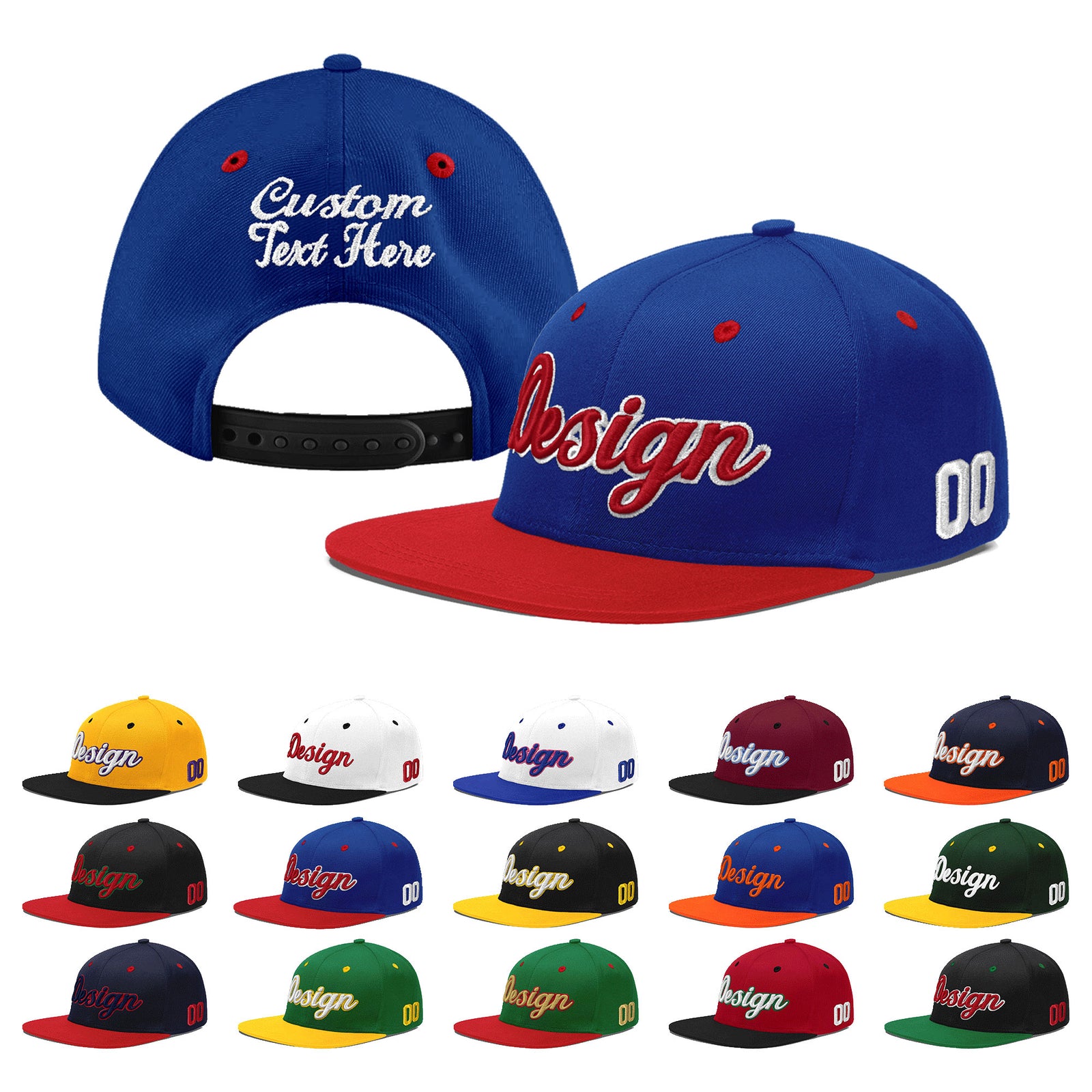 Custom Royal Blue Red 3D Puff Embroidery Flat Embroidery Casual Sport Baseball Cap