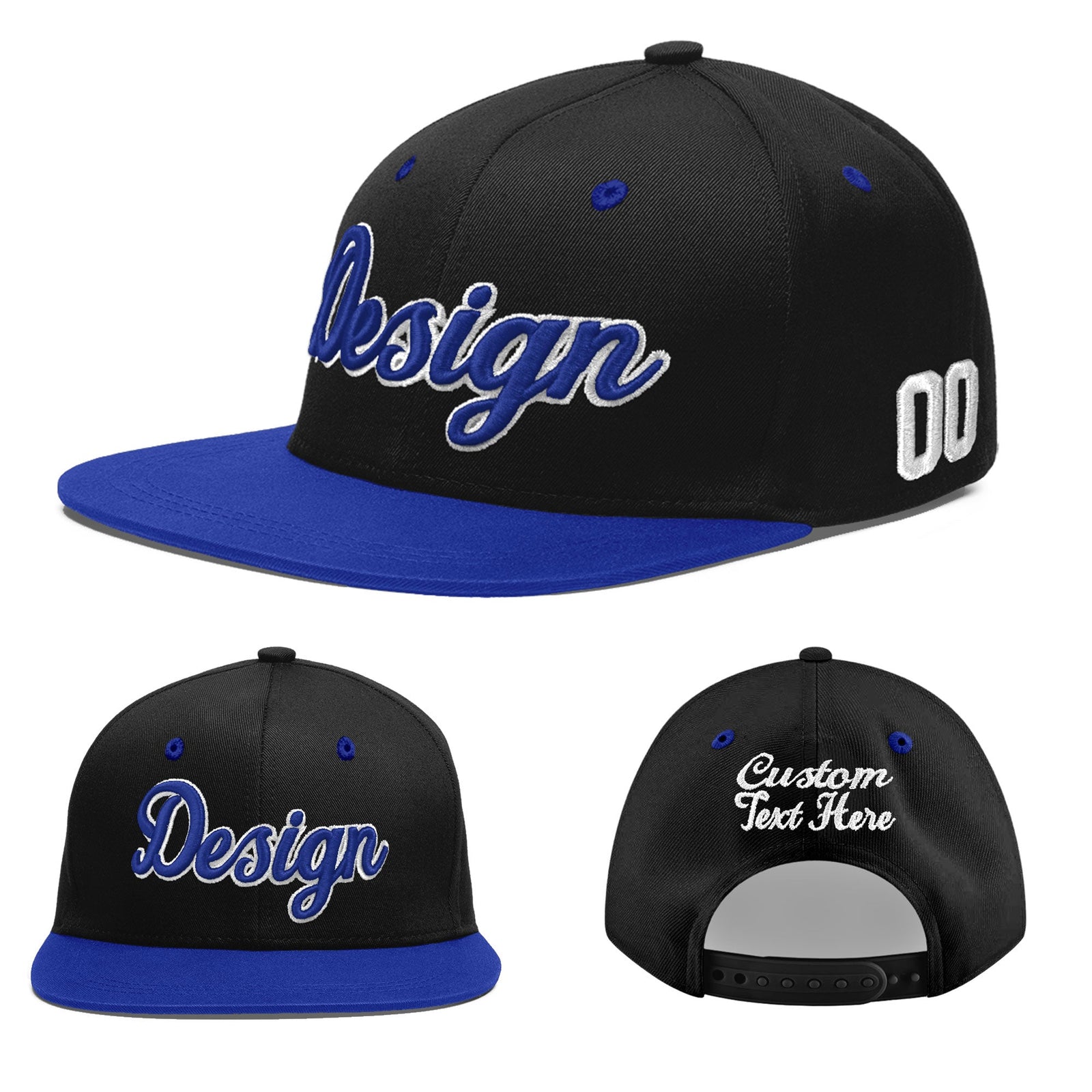 Custom Black Royal Blue 3D Puff Embroidery Flat Embroidery Casual Sport Baseball Cap