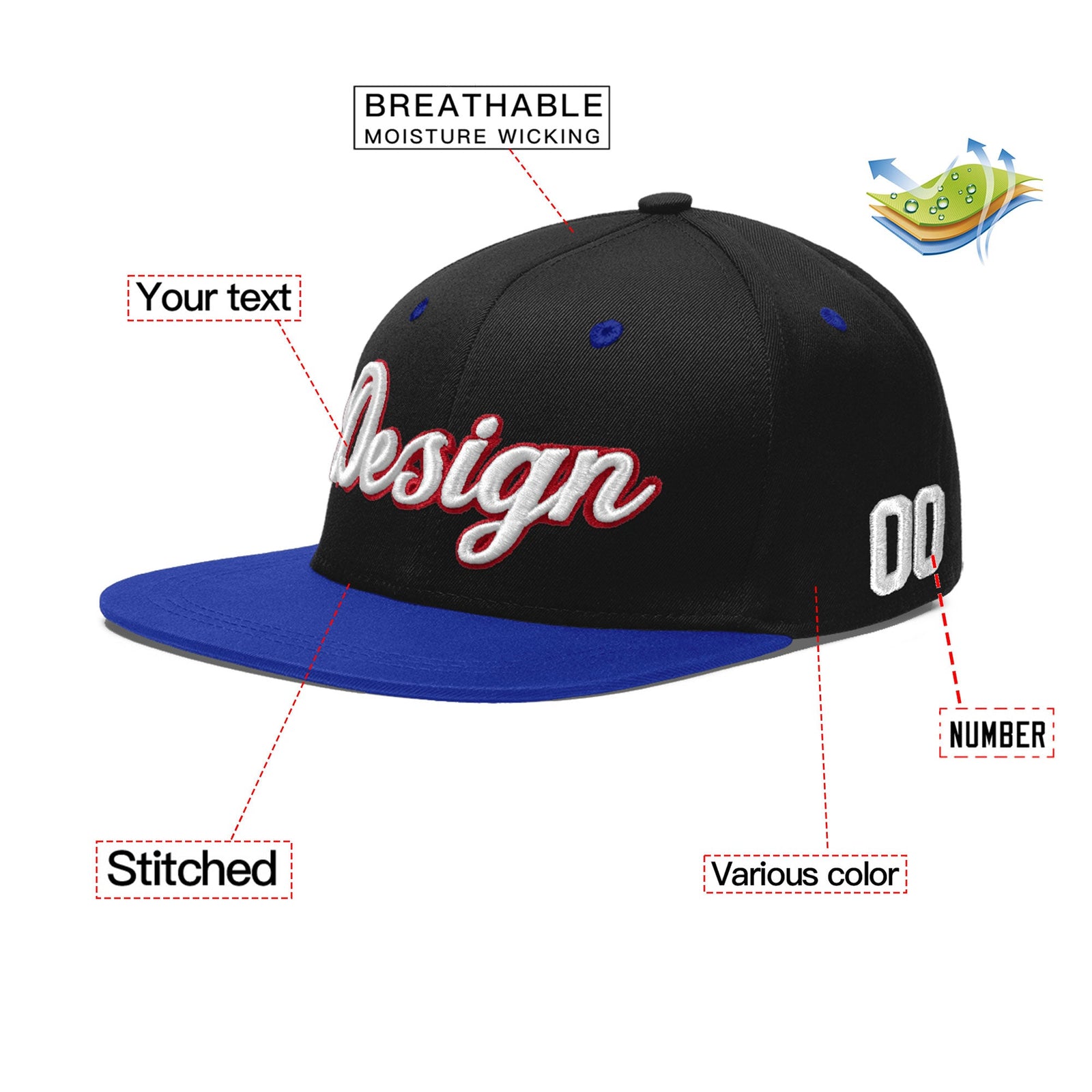Custom Black Royal Blue 3D Puff Embroidery Flat Embroidery Casual Sport Baseball Cap