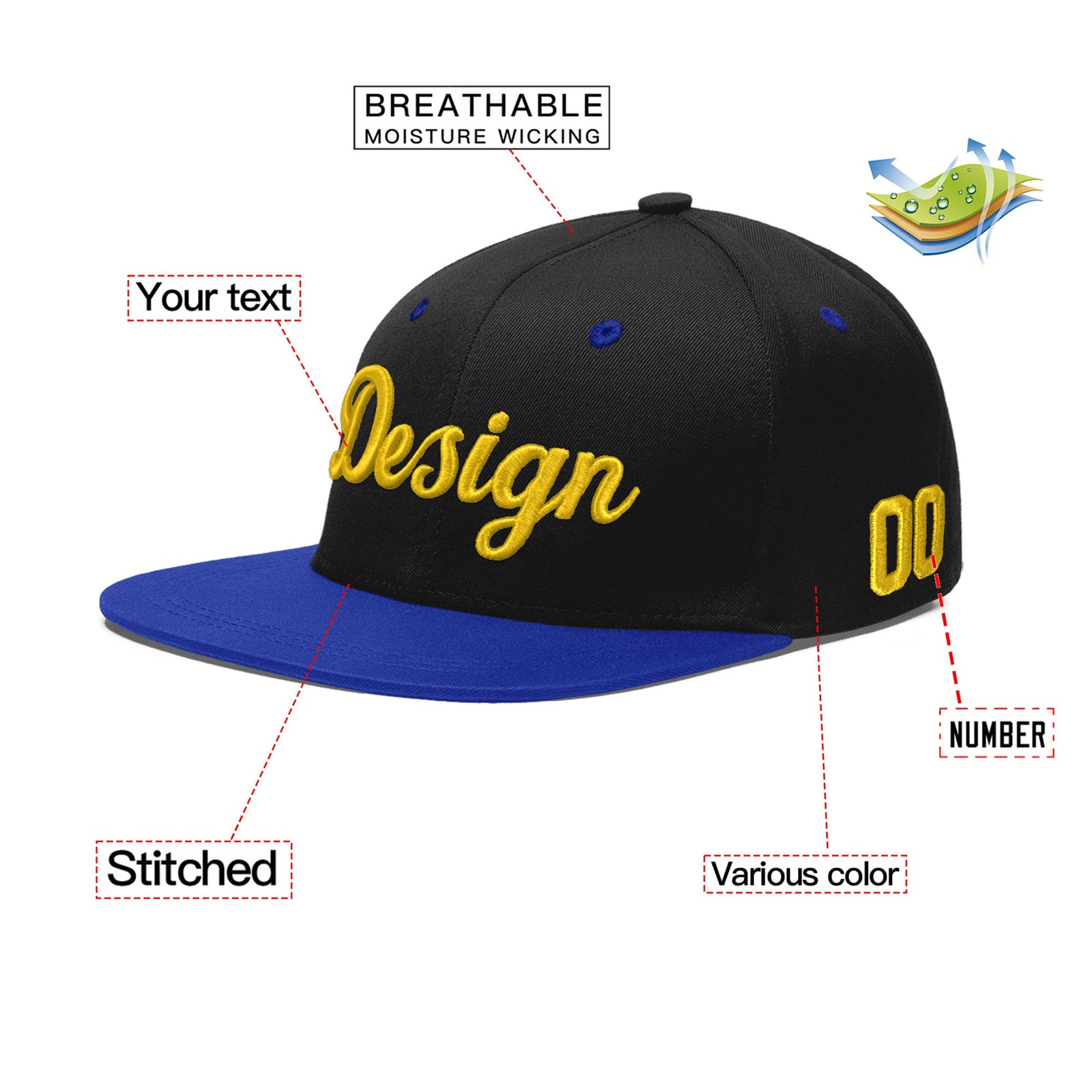 Custom Black Royal Blue 3D Puff Embroidery Flat Embroidery Casual Sport Baseball Cap