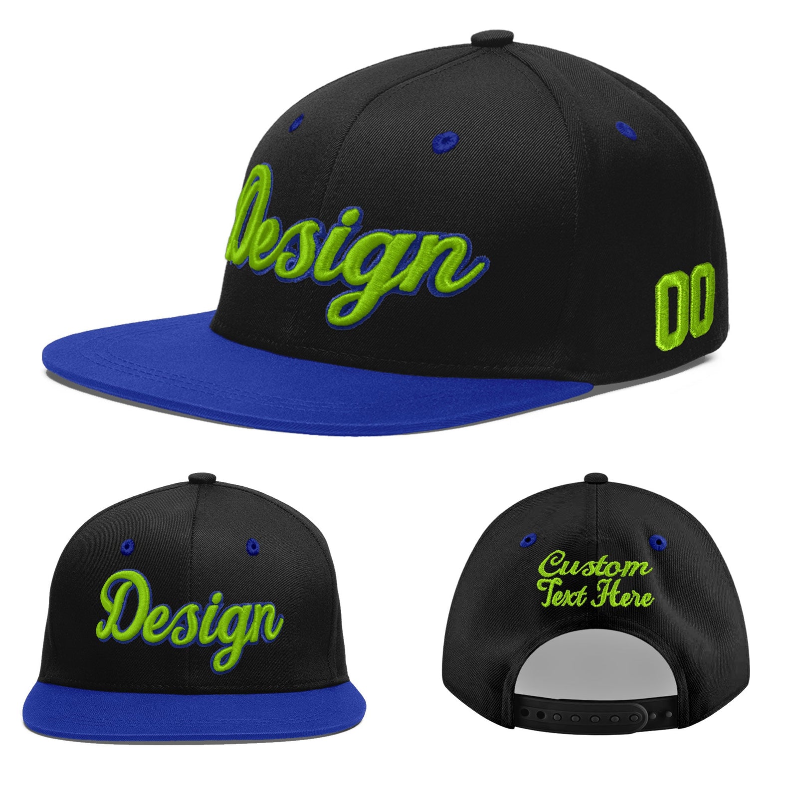 Custom Black Royal Blue 3D Puff Embroidery Flat Embroidery Casual Sport Baseball Cap