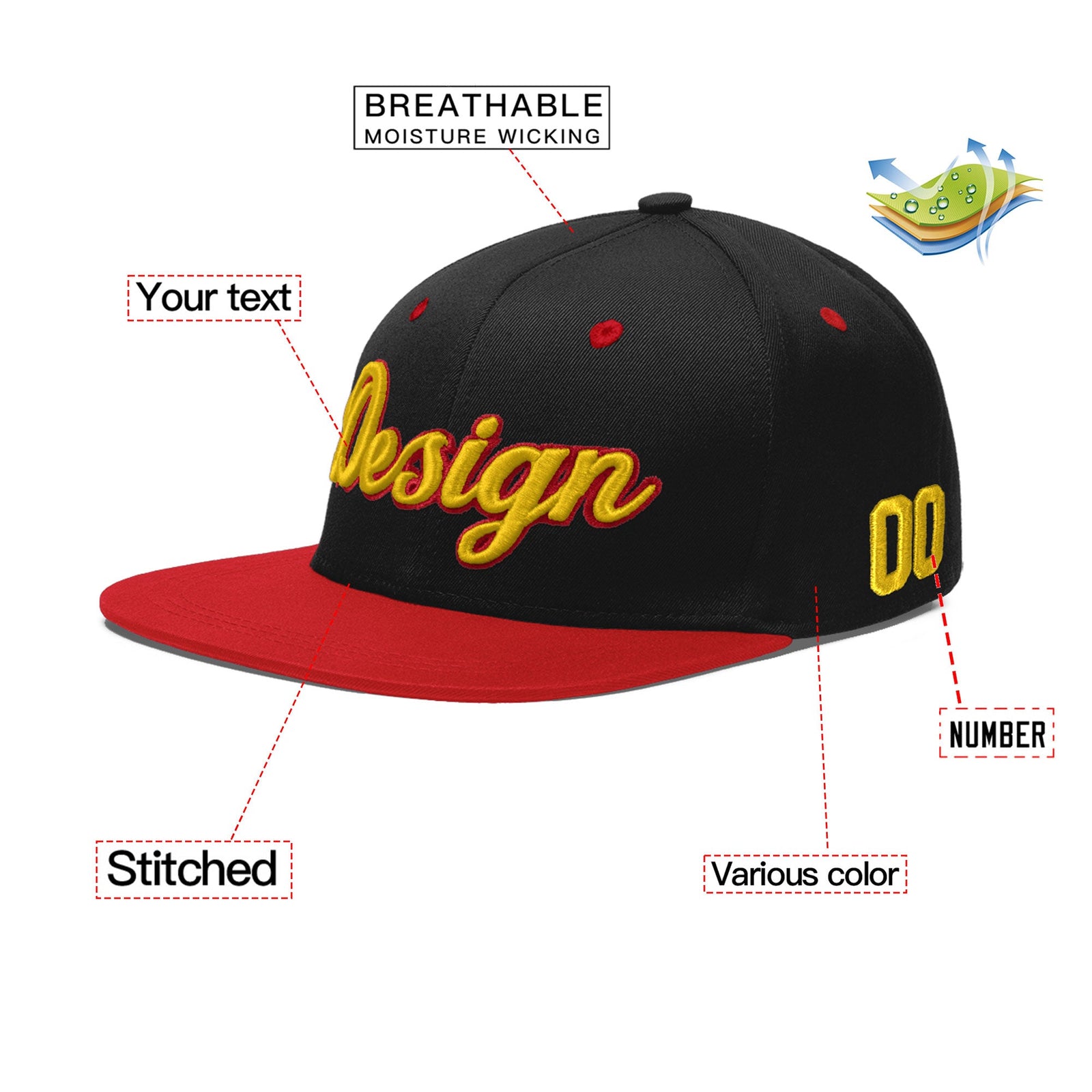 Custom Black Red 3D Puff Embroidery Flat Embroidery Casual Sport Baseball Cap