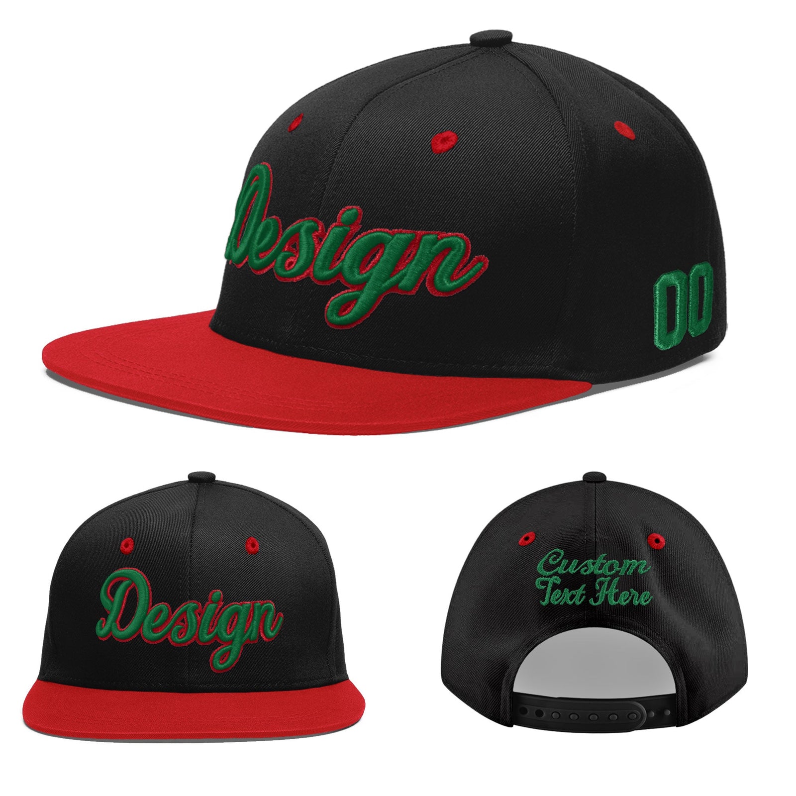 Custom Black Red 3D Puff Embroidery Flat Embroidery Casual Sport Baseball Cap