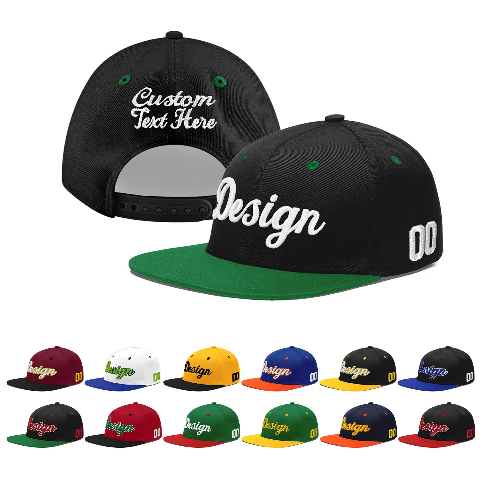 Custom Black Kelly Green 3D Puff Embroidery Flat Embroidery Casual Sport Baseball Cap