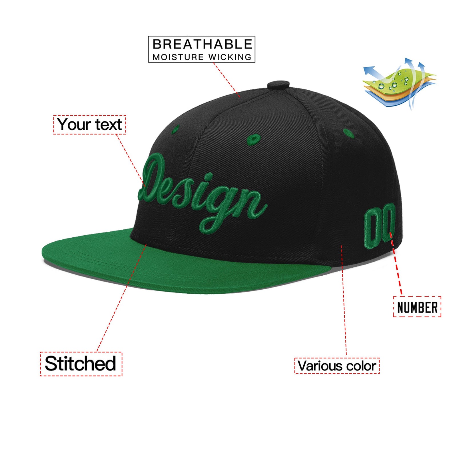 Custom Black Kelly Green 3D Puff Embroidery Flat Embroidery Casual Sport Baseball Cap