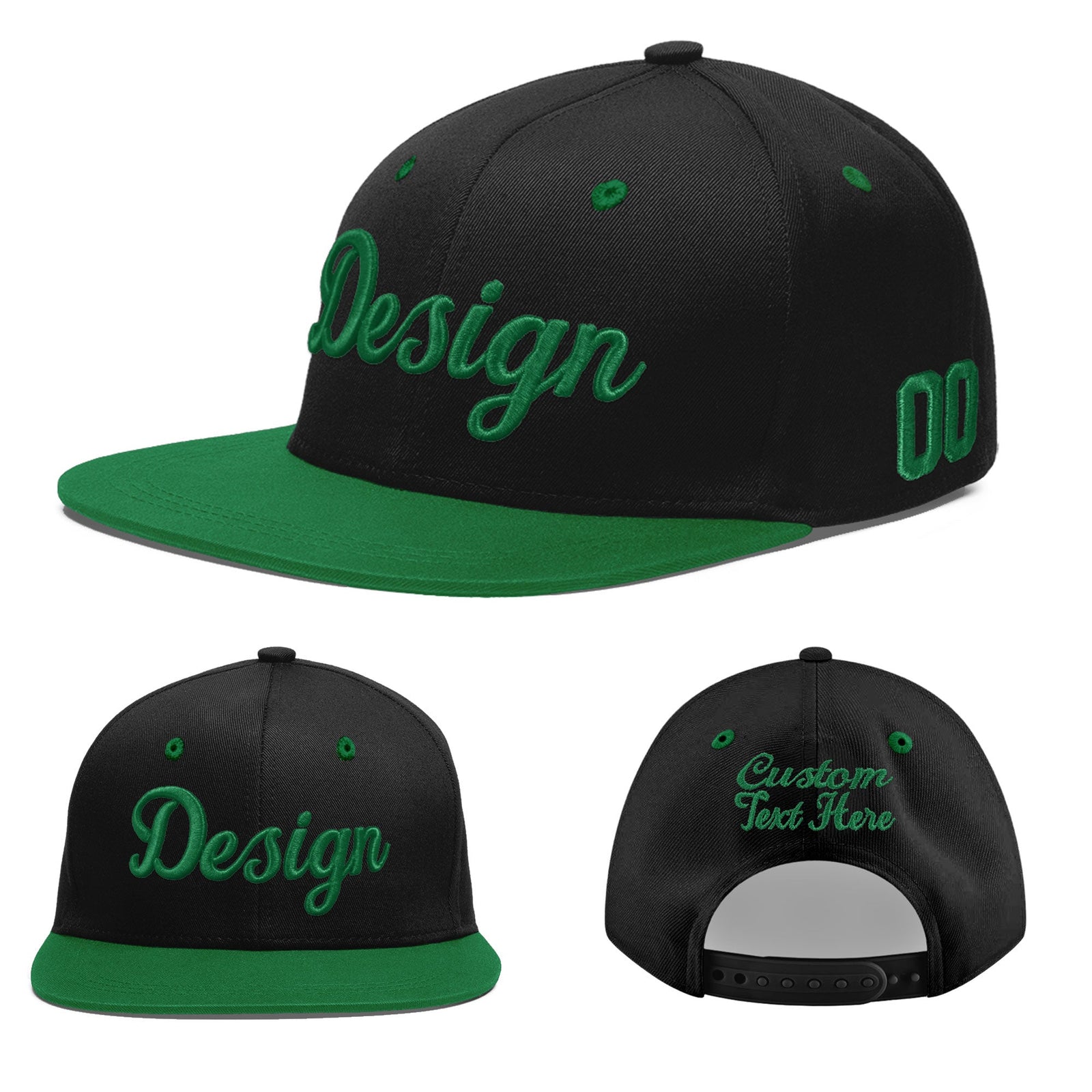 Custom Black Kelly Green 3D Puff Embroidery Flat Embroidery Casual Sport Baseball Cap