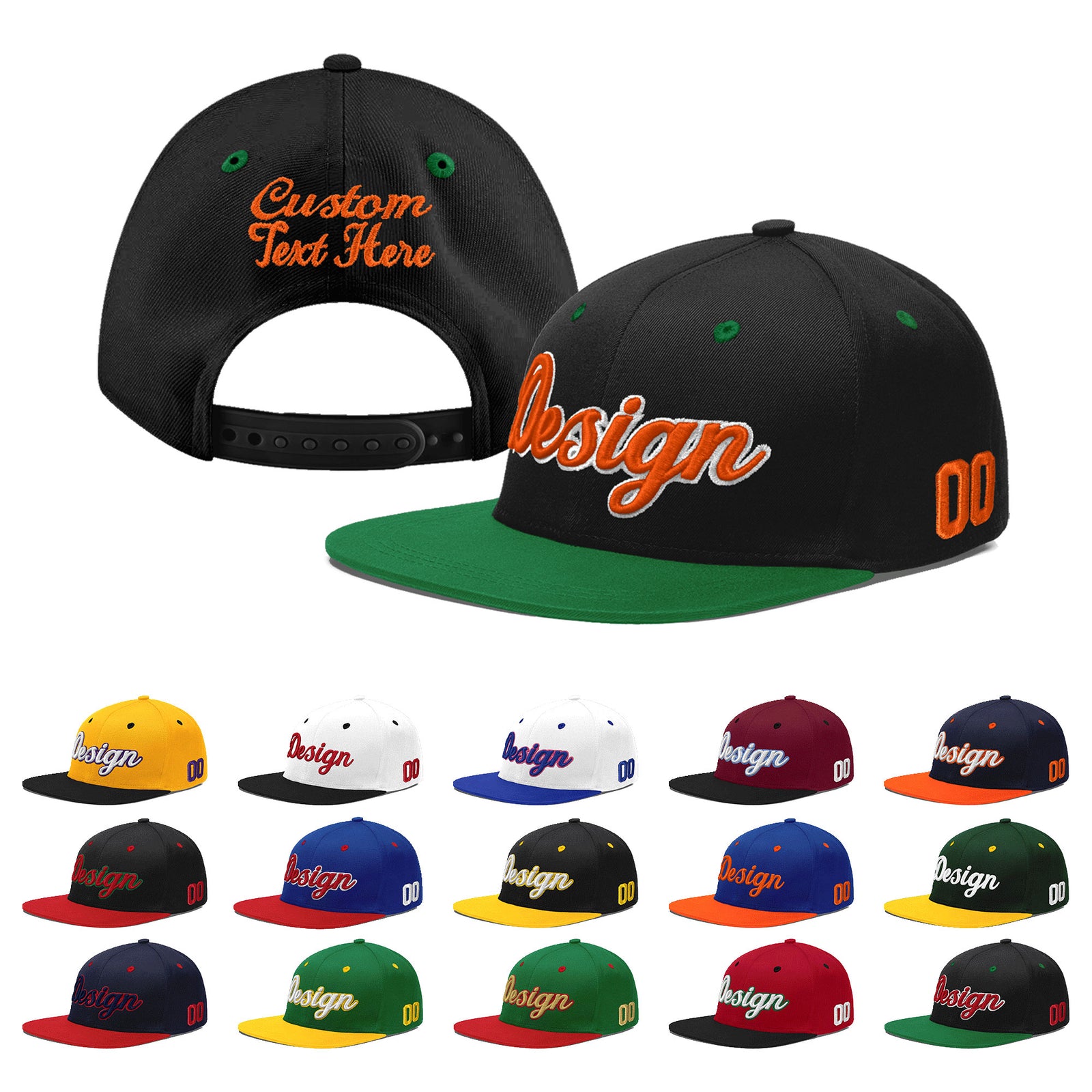 Custom Black Kelly Green 3D Puff Embroidery Flat Embroidery Casual Sport Baseball Cap