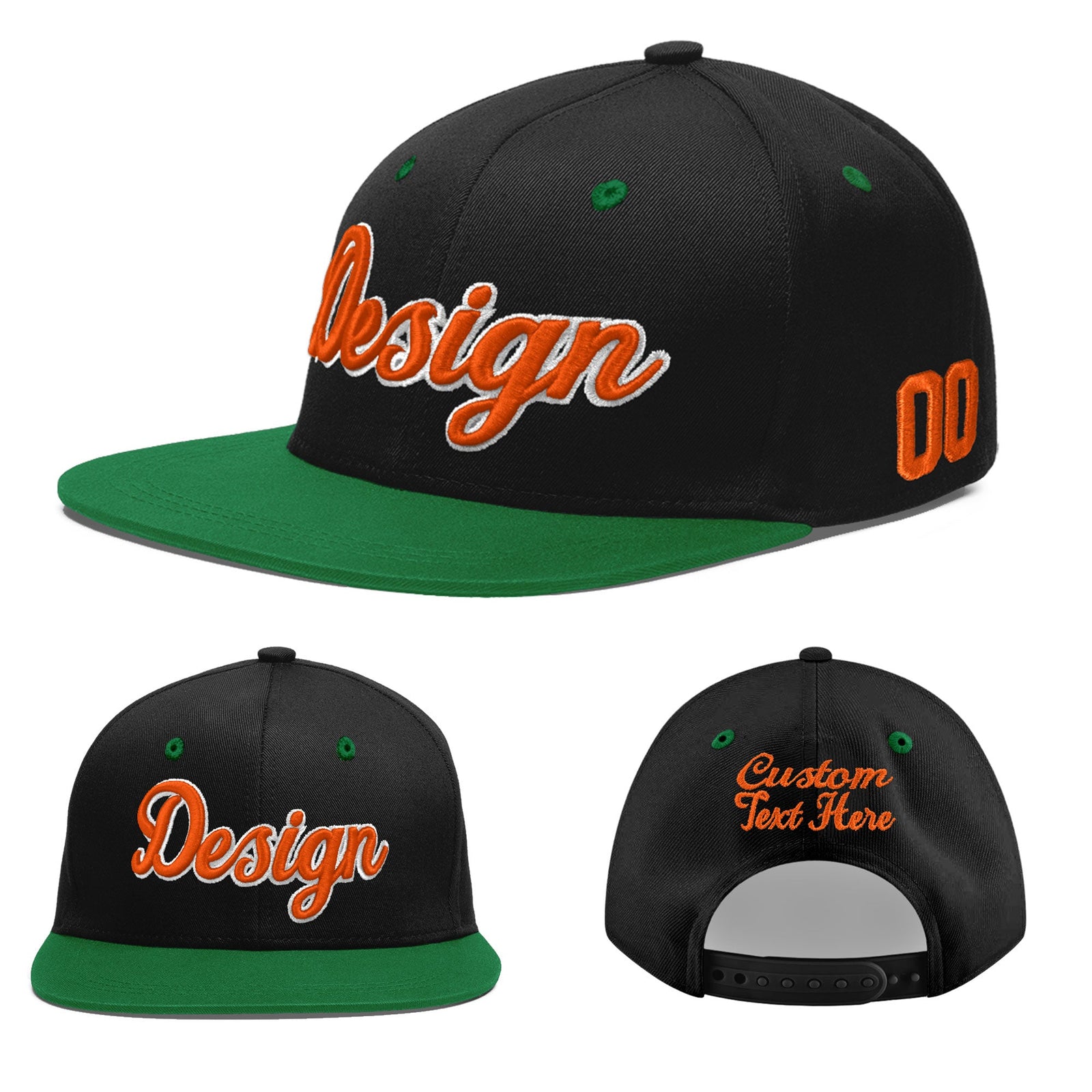 Custom Black Kelly Green 3D Puff Embroidery Flat Embroidery Casual Sport Baseball Cap