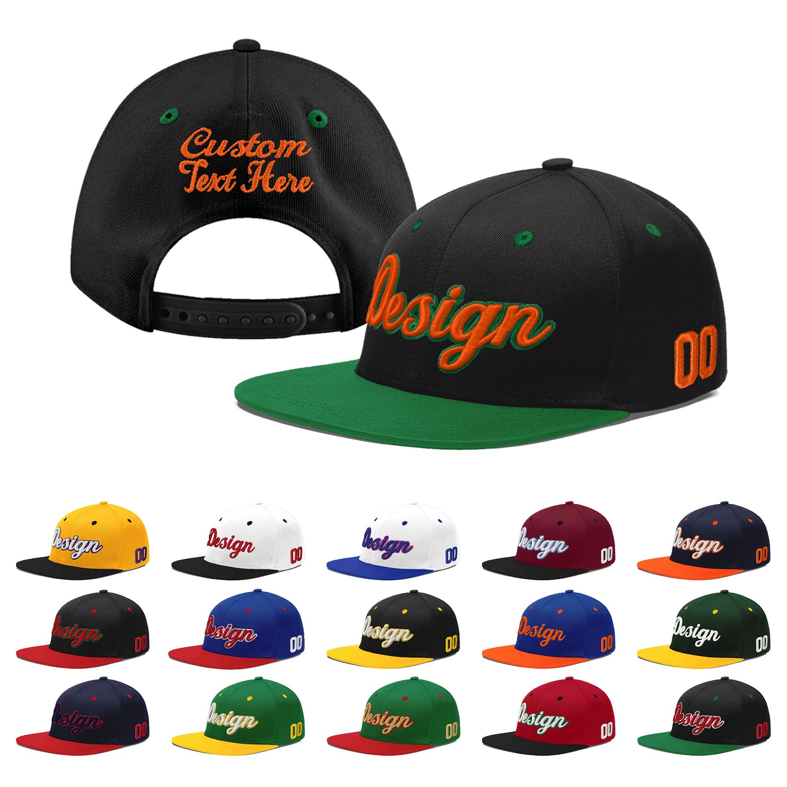 Custom Black Kelly Green 3D Puff Embroidery Flat Embroidery Casual Sport Baseball Cap