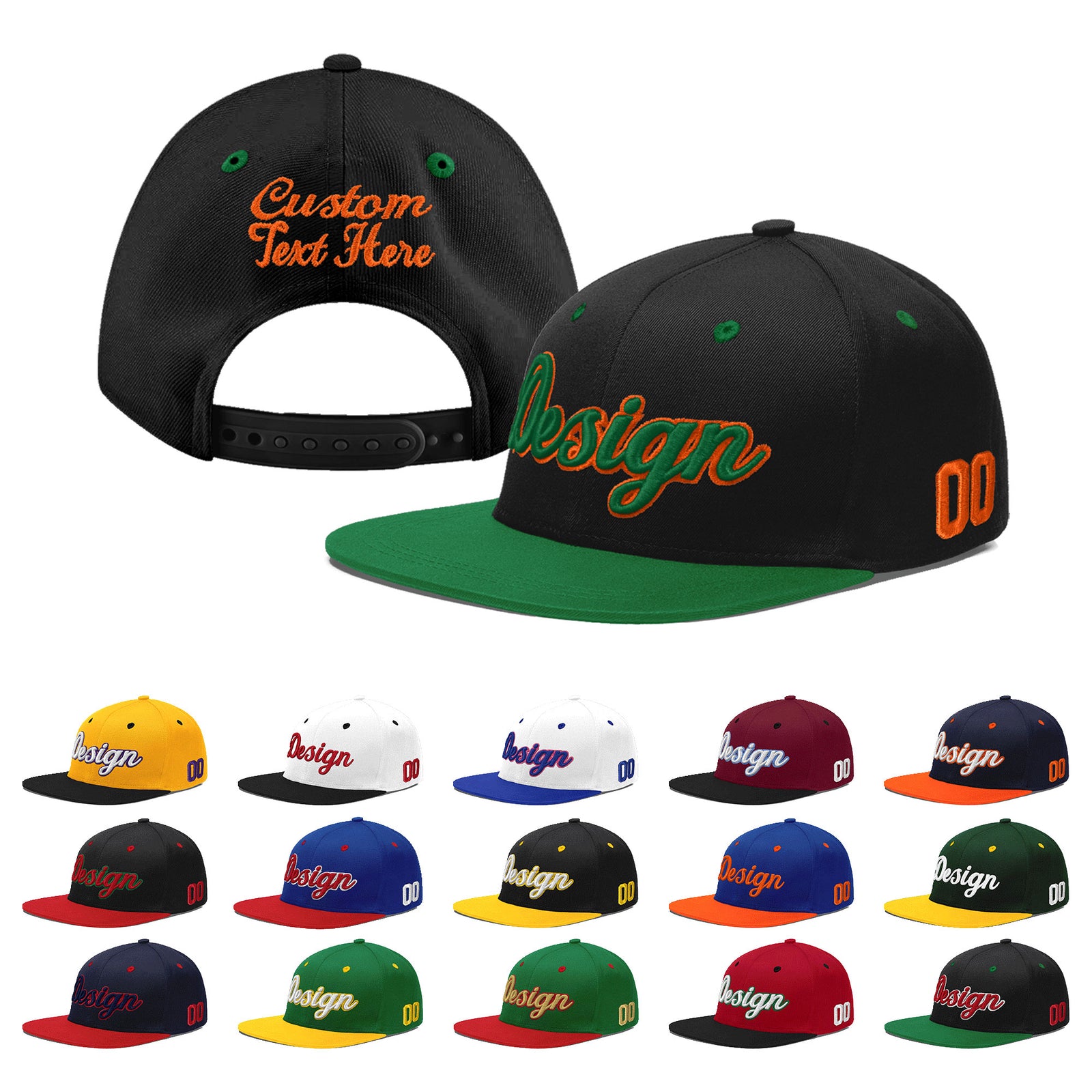 Custom Black Kelly Green 3D Puff Embroidery Flat Embroidery Casual Sport Baseball Cap