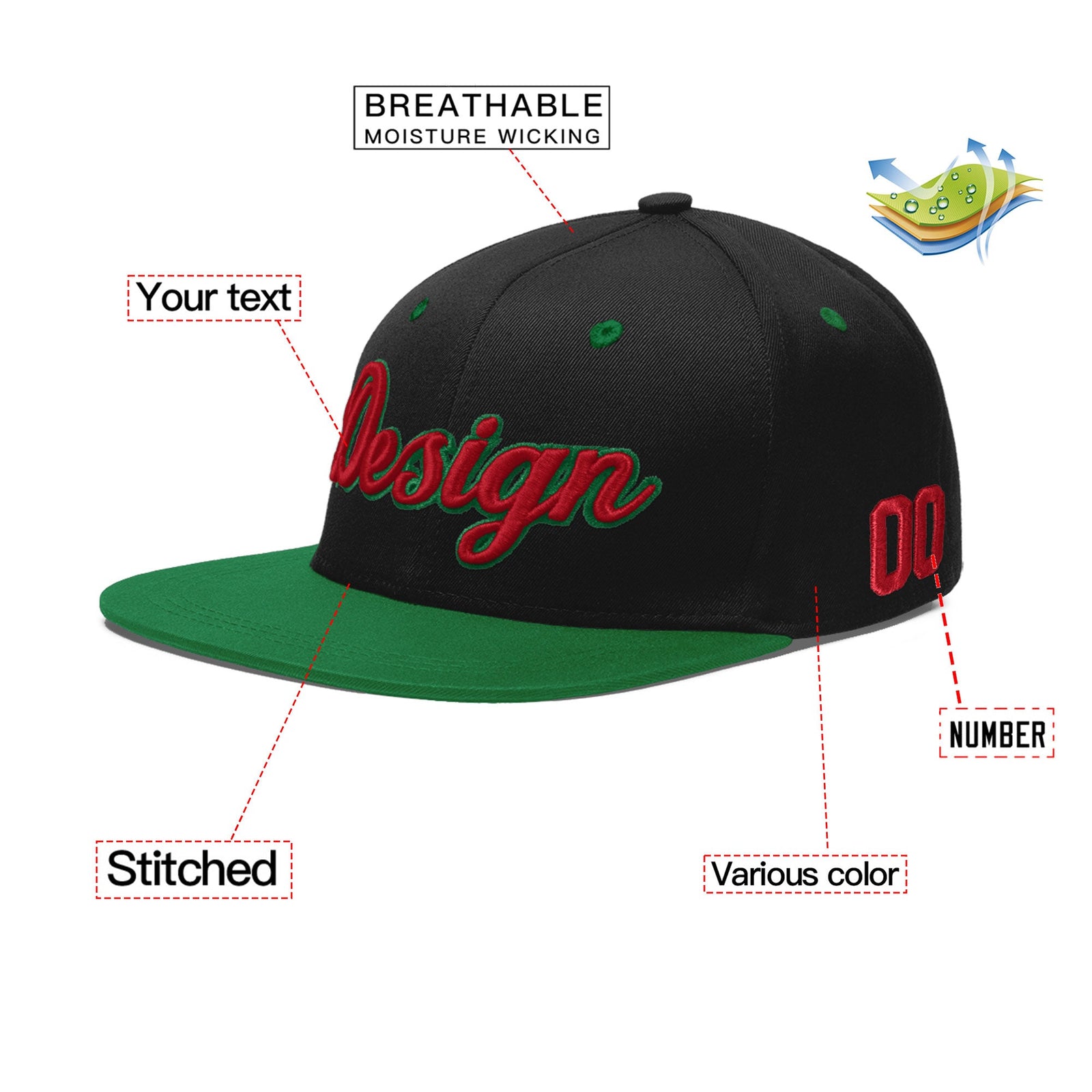 Custom Black Kelly Green 3D Puff Embroidery Flat Embroidery Casual Sport Baseball Cap