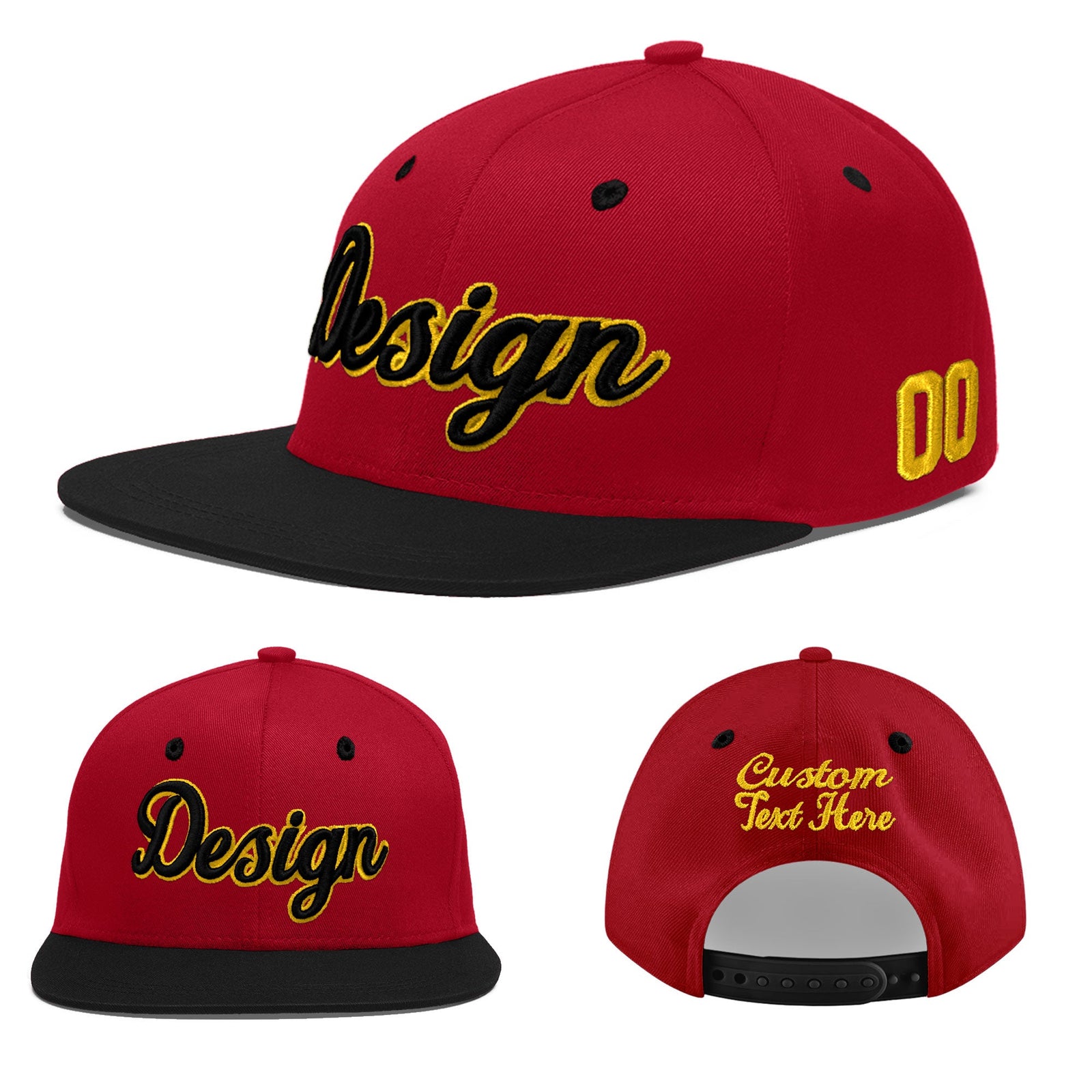 Custom Red Black 3D Puff Embroidery Flat Embroidery Casual Sport Baseball Cap