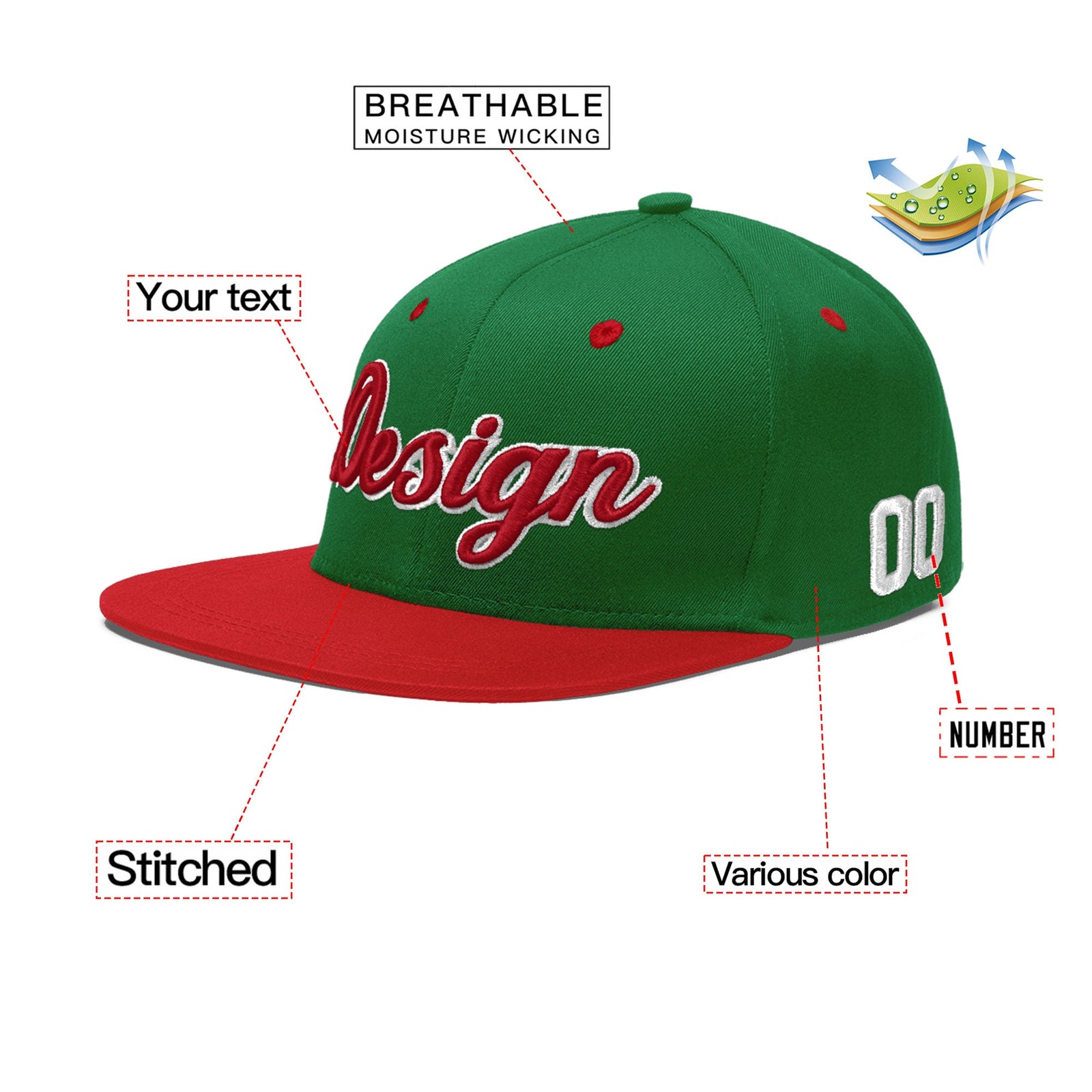 Custom Kelly Green Red 3D Puff Embroidery Flat Embroidery Casual Sport Baseball Cap