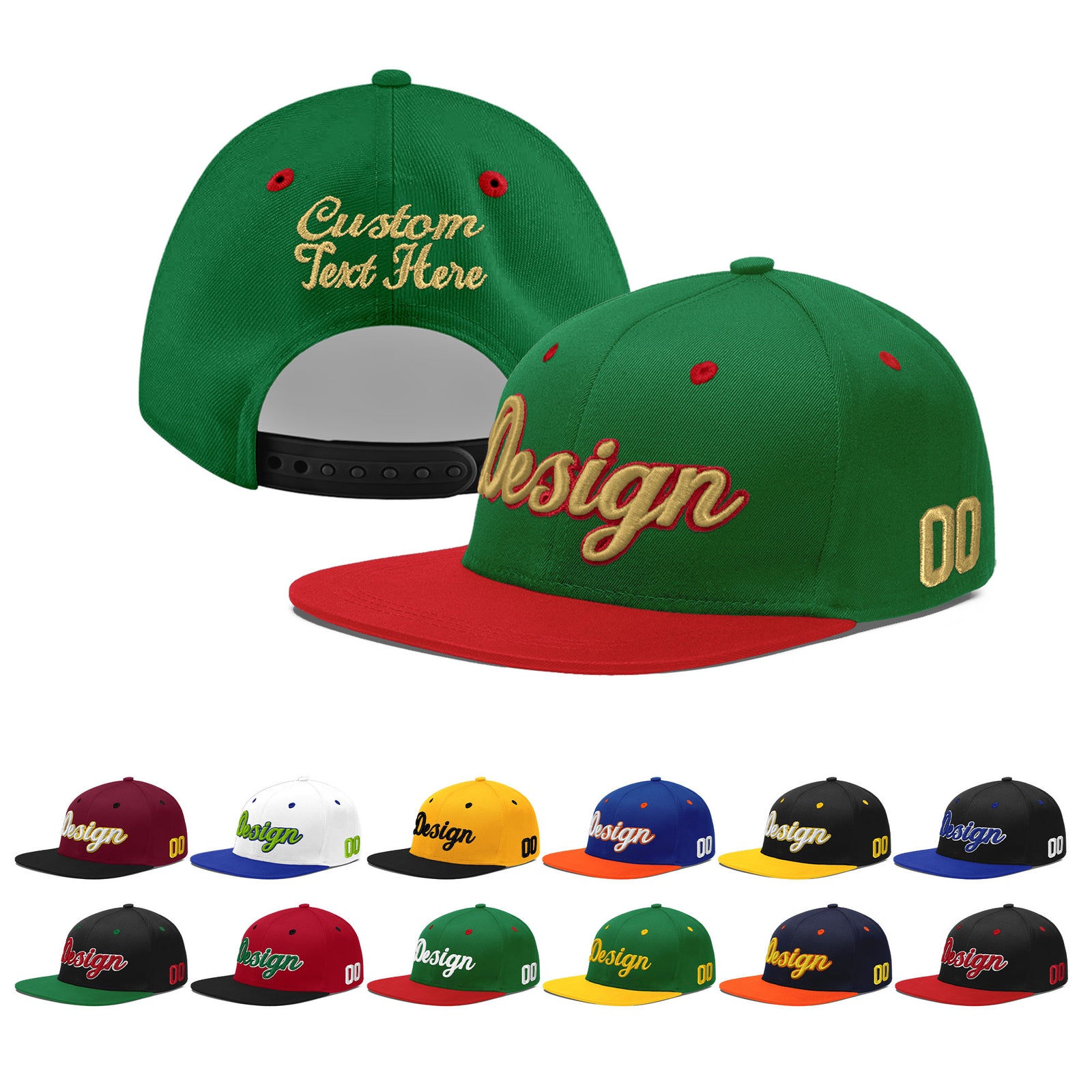 Custom Kelly Green Red 3D Puff Embroidery Flat Embroidery Casual Sport Baseball Cap