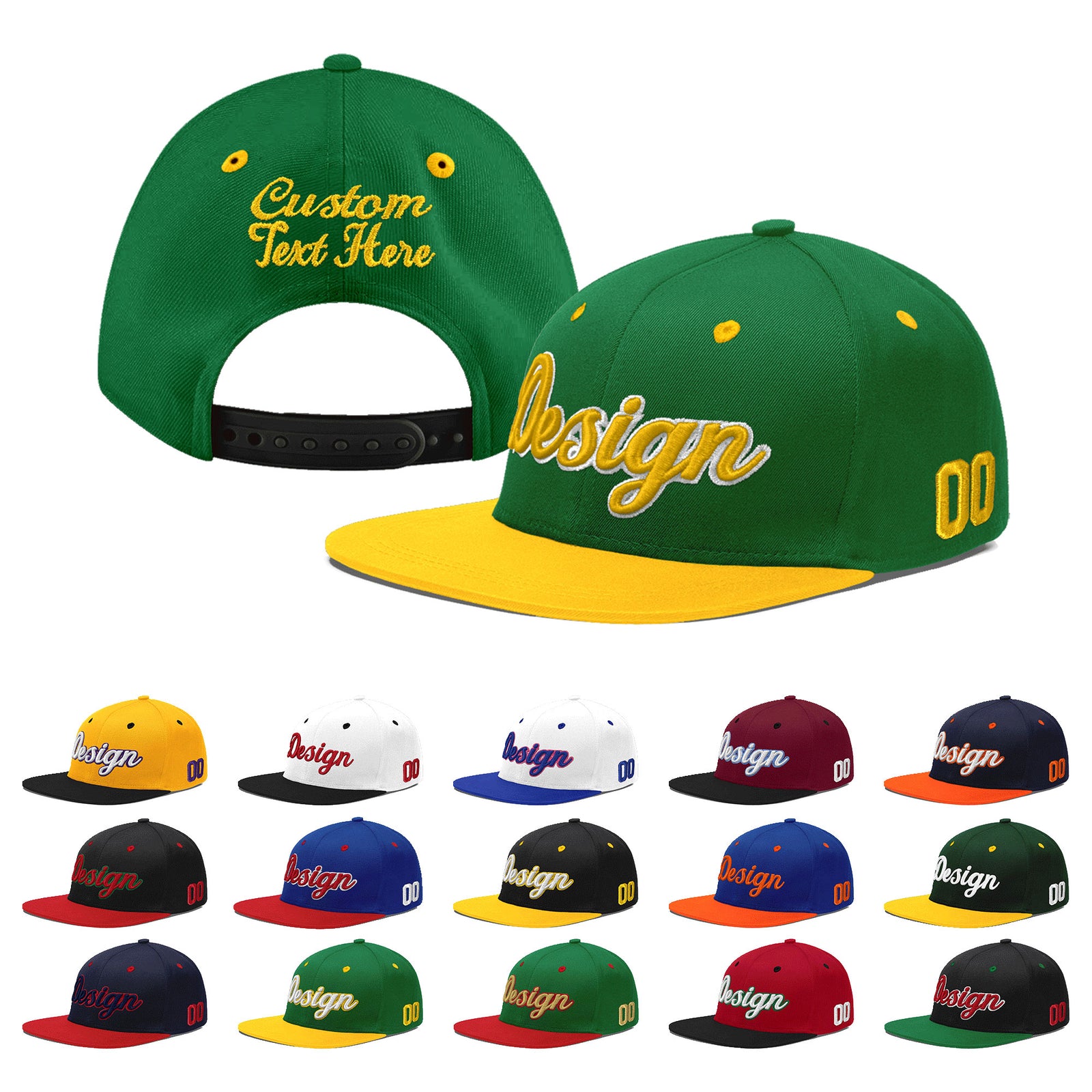 Custom Kelly Green Gold 3D Puff Embroidery Flat Embroidery Casual Sport Baseball Cap