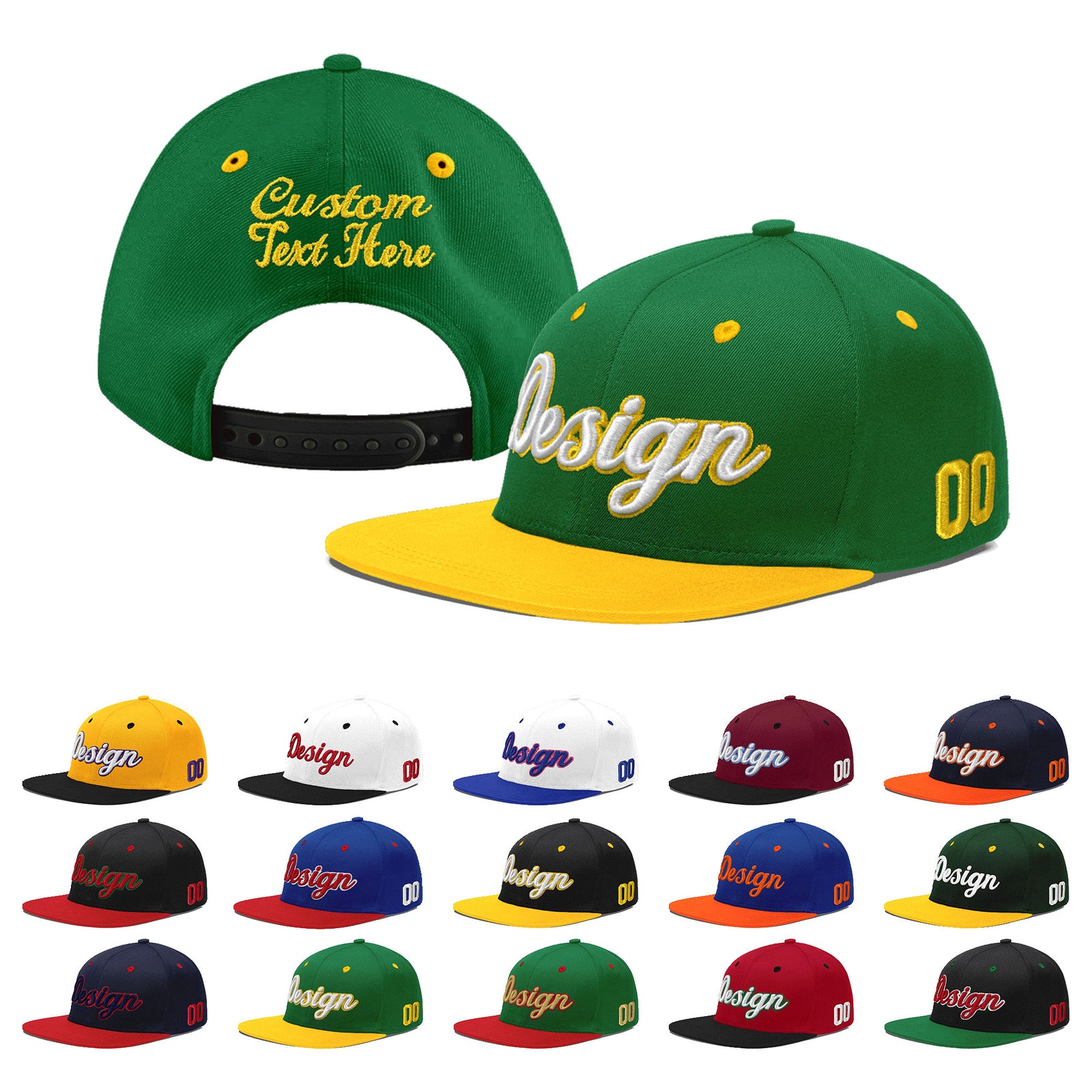 Custom Kelly Green Gold 3D Puff Embroidery Flat Embroidery Casual Sport Baseball Cap