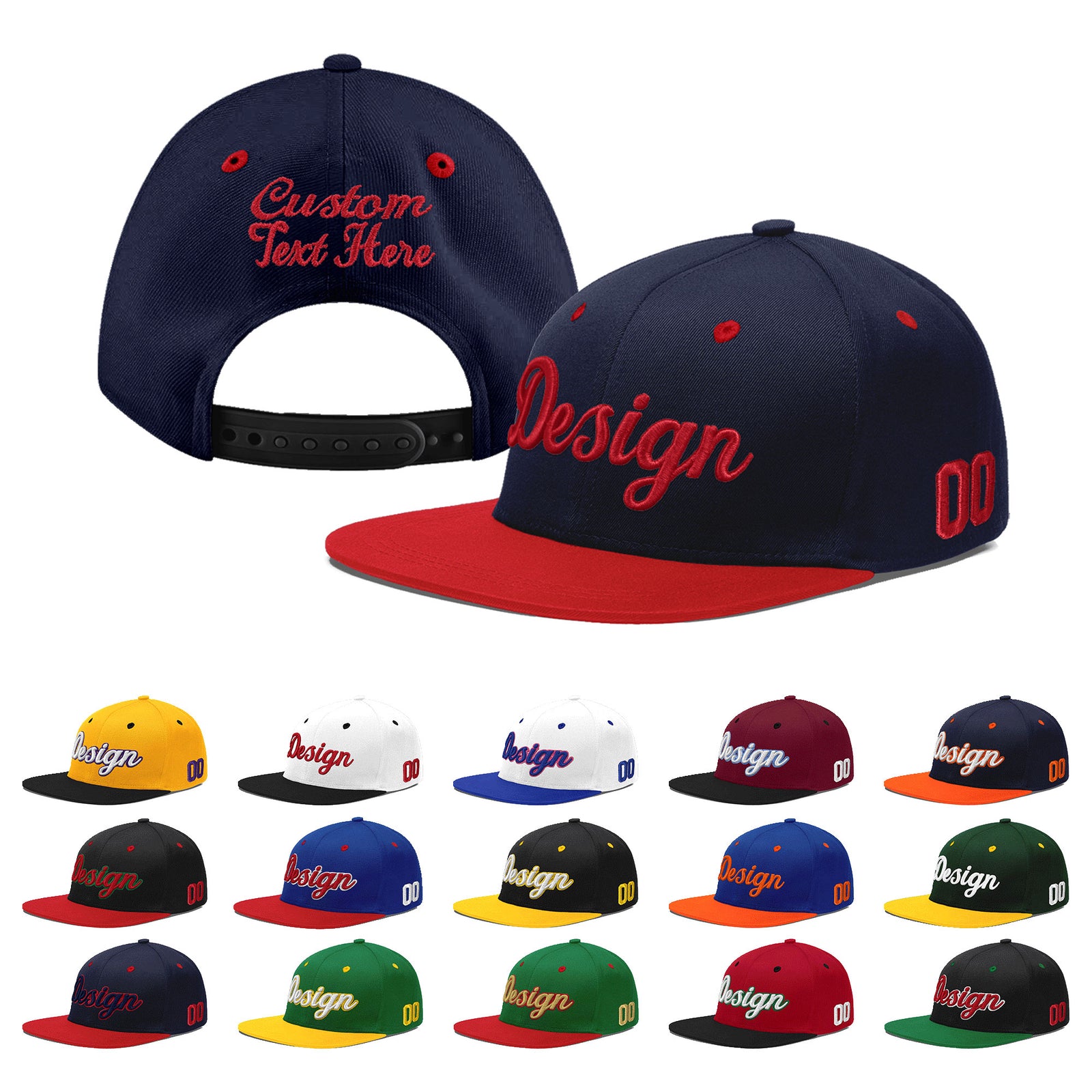 Custom Navy Red 3D Puff Embroidery Flat Embroidery Casual Sport Baseball Cap