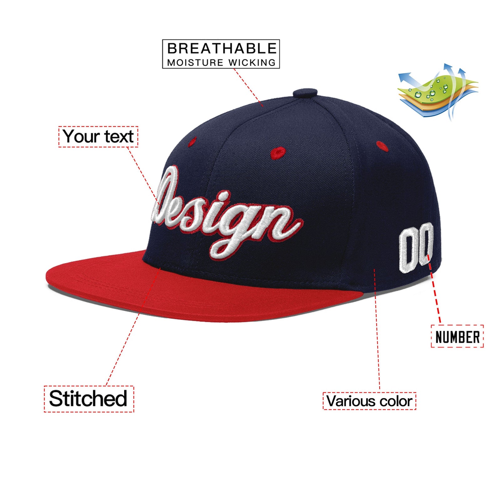Custom Navy Red 3D Puff Embroidery Flat Embroidery Casual Sport Baseball Cap