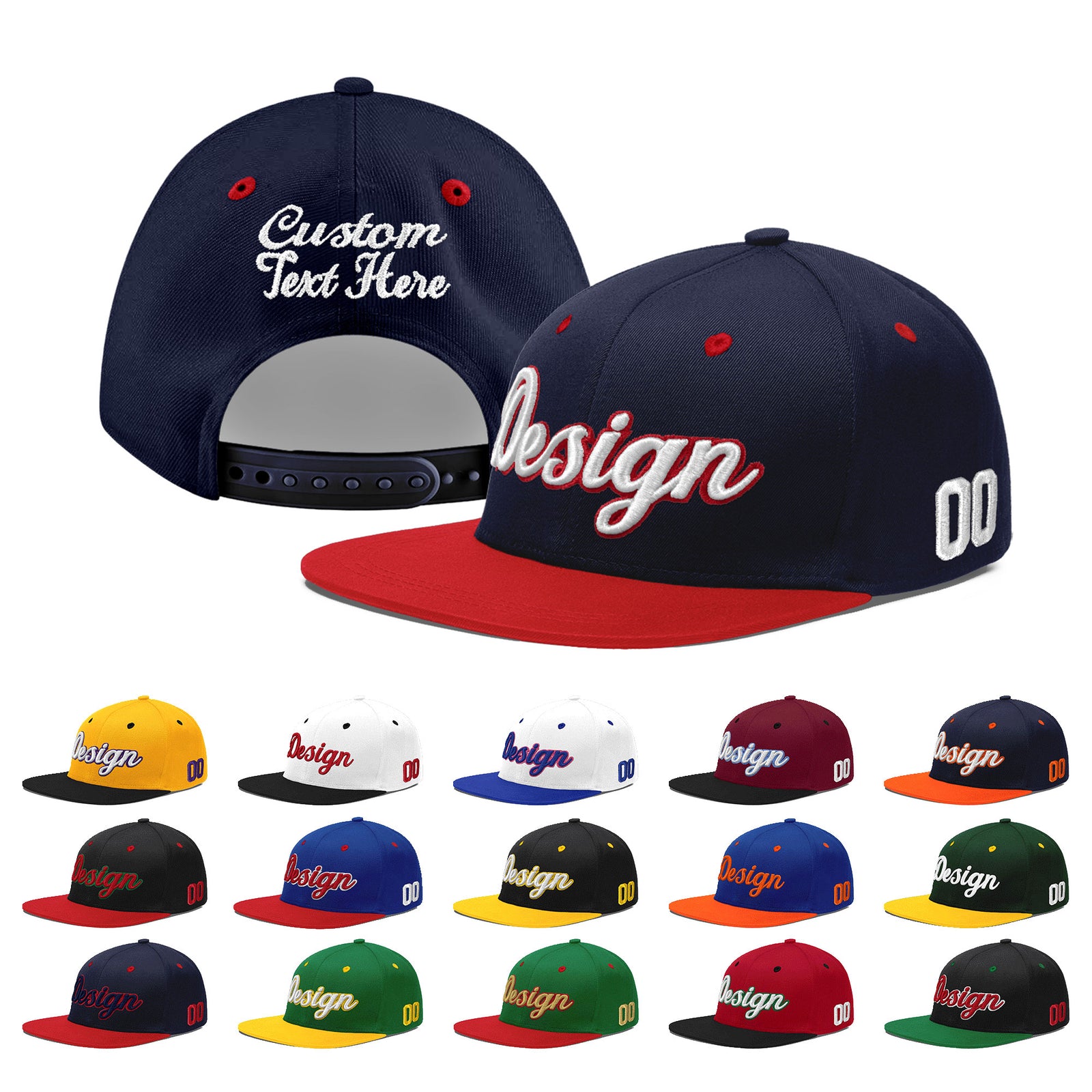 Custom Navy Red 3D Puff Embroidery Flat Embroidery Casual Sport Baseball Cap