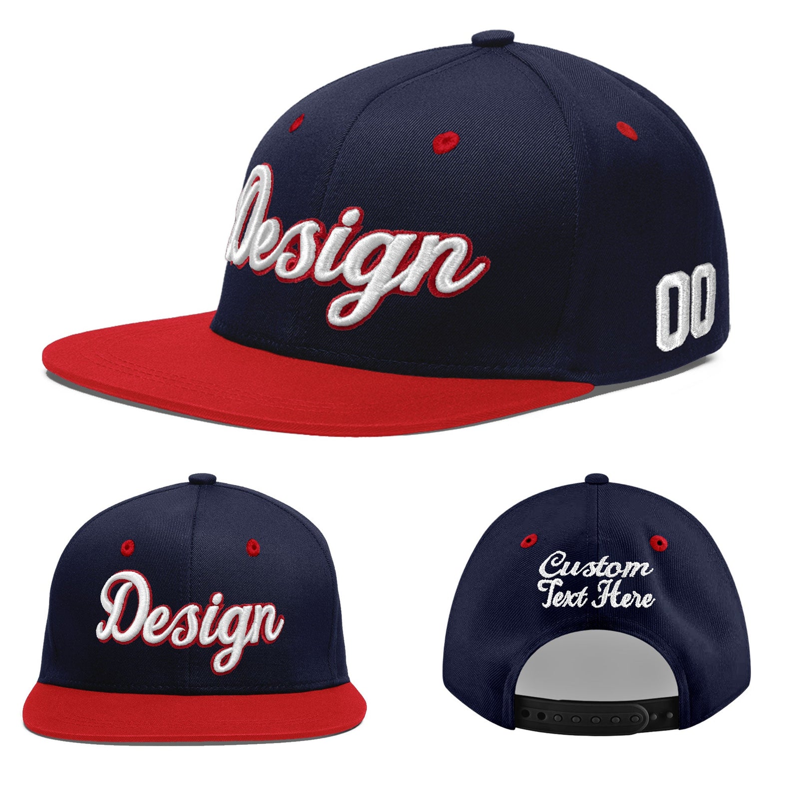 Custom Navy Red 3D Puff Embroidery Flat Embroidery Casual Sport Baseball Cap