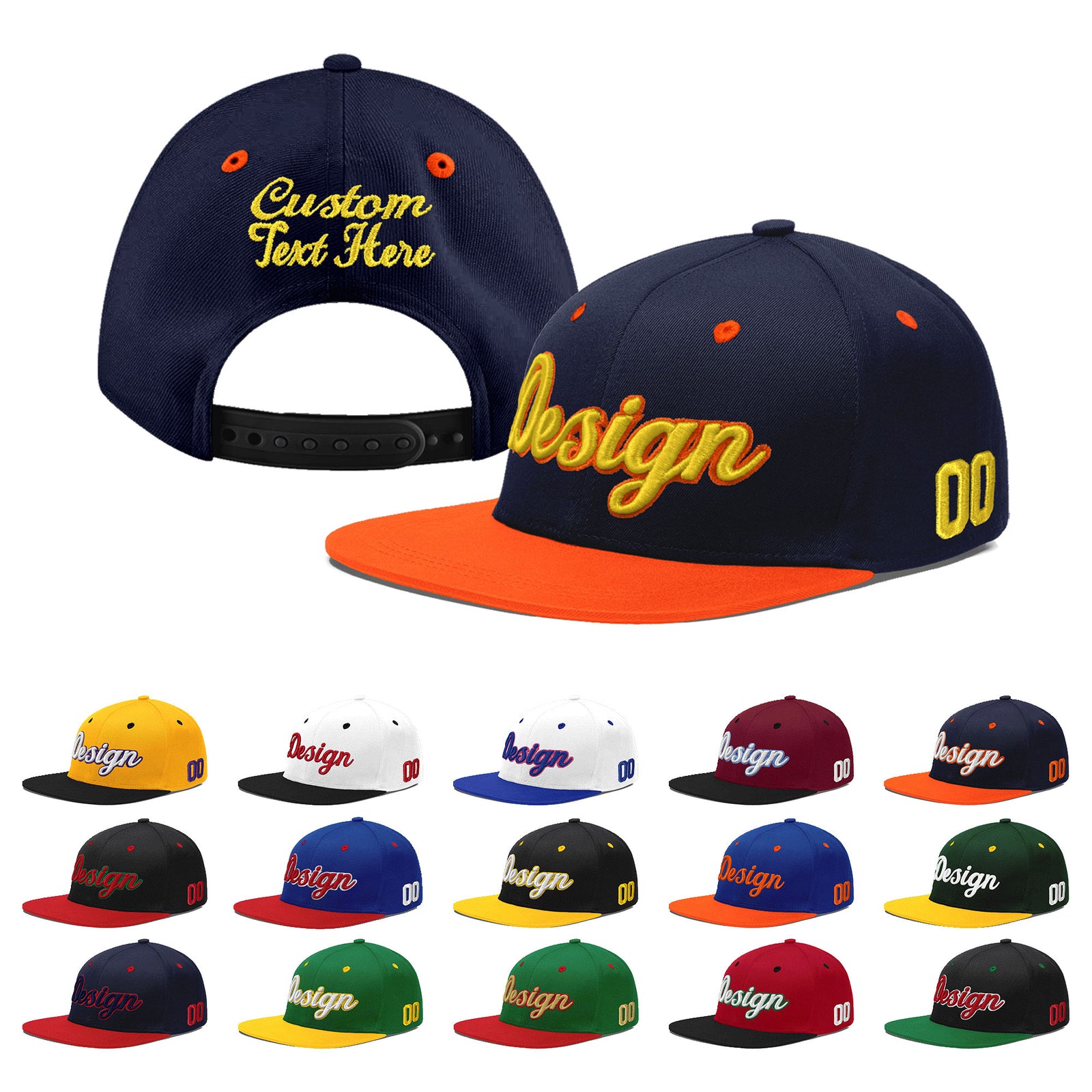 Custom Navy Orange 3D Puff Embroidery Flat Embroidery Casual Sport Baseball Cap