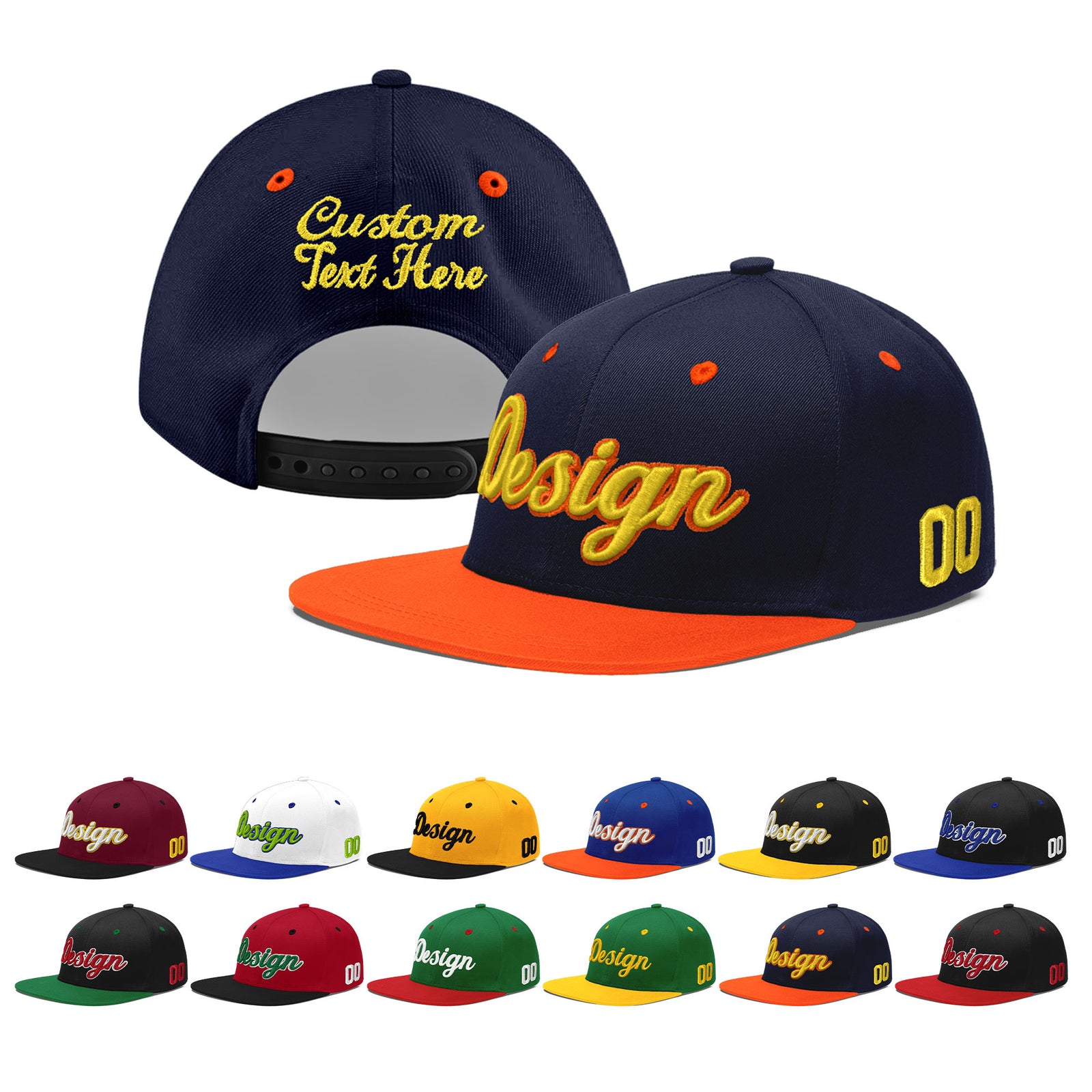 Custom Navy Orange 3D Puff Embroidery Flat Embroidery Casual Sport Baseball Cap
