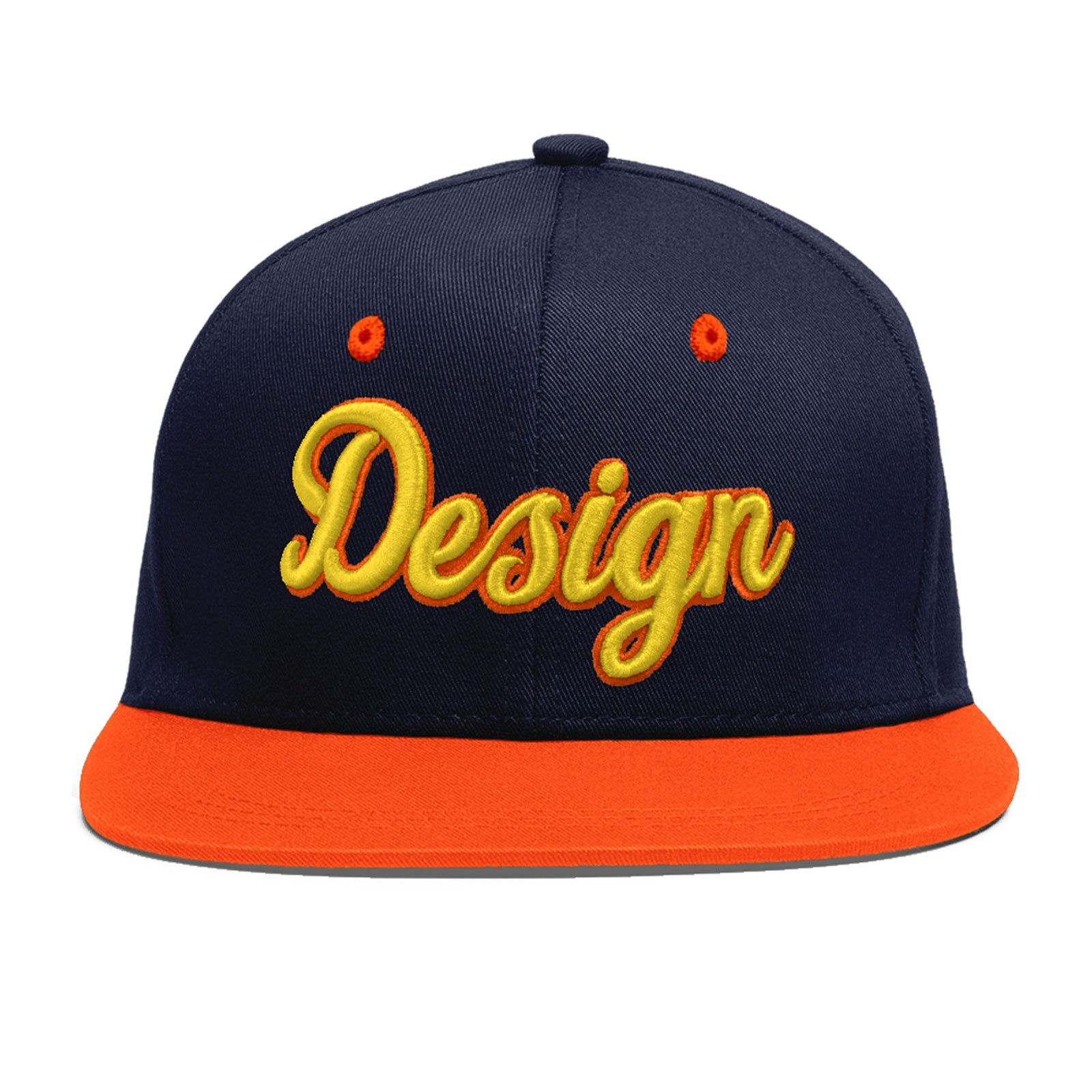 Custom Navy Orange 3D Puff Embroidery Flat Embroidery Casual Sport Baseball Cap
