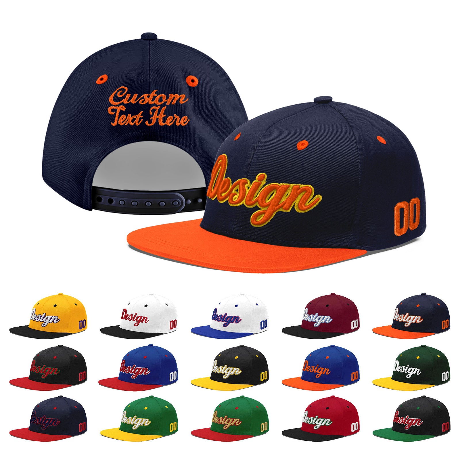 Custom Navy Orange 3D Puff Embroidery Flat Embroidery Casual Sport Baseball Cap