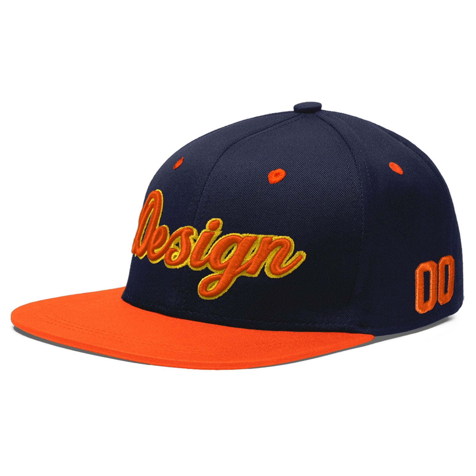 Custom Navy Orange 3D Puff Embroidery Flat Embroidery Casual Sport Baseball Cap