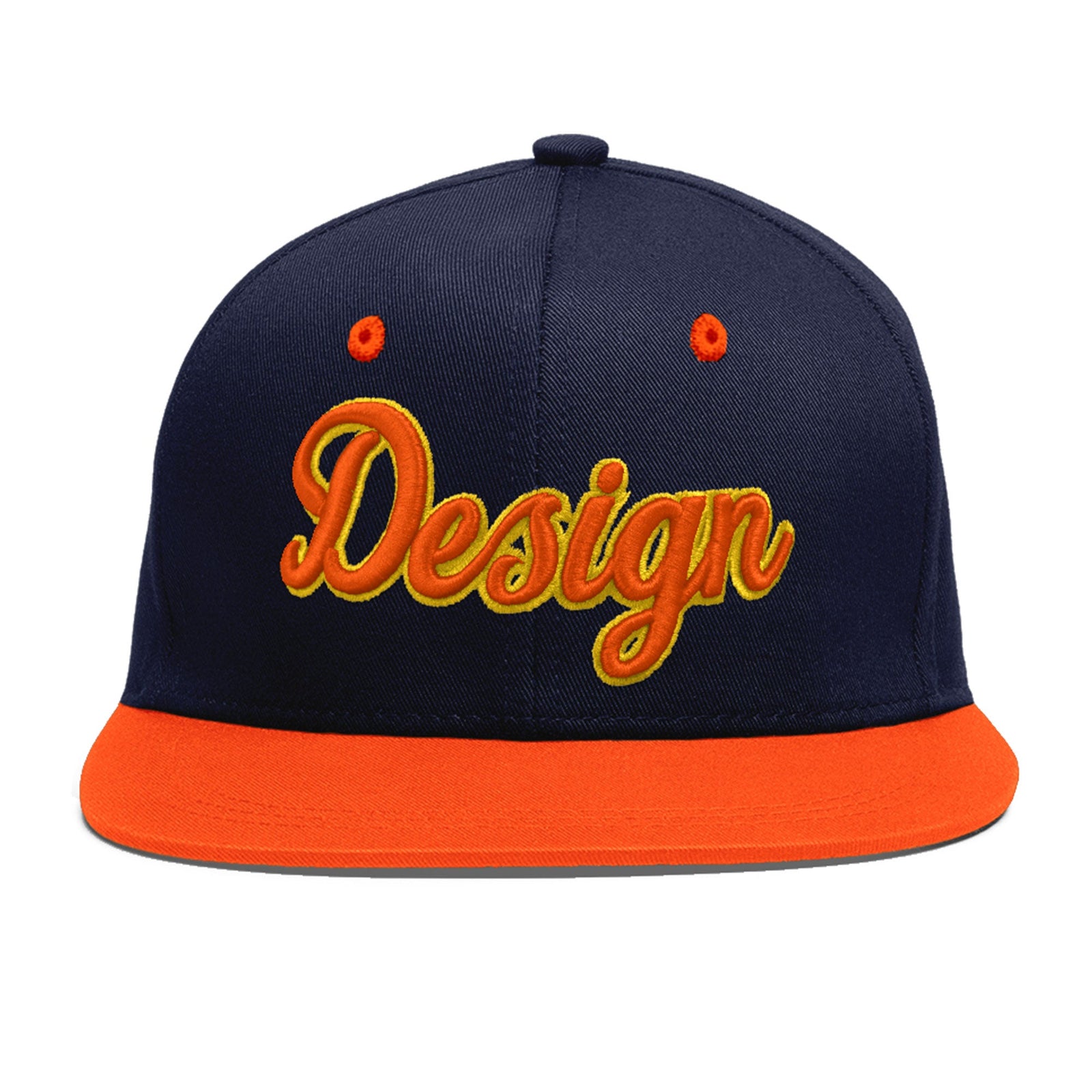 Custom Navy Orange 3D Puff Embroidery Flat Embroidery Casual Sport Baseball Cap