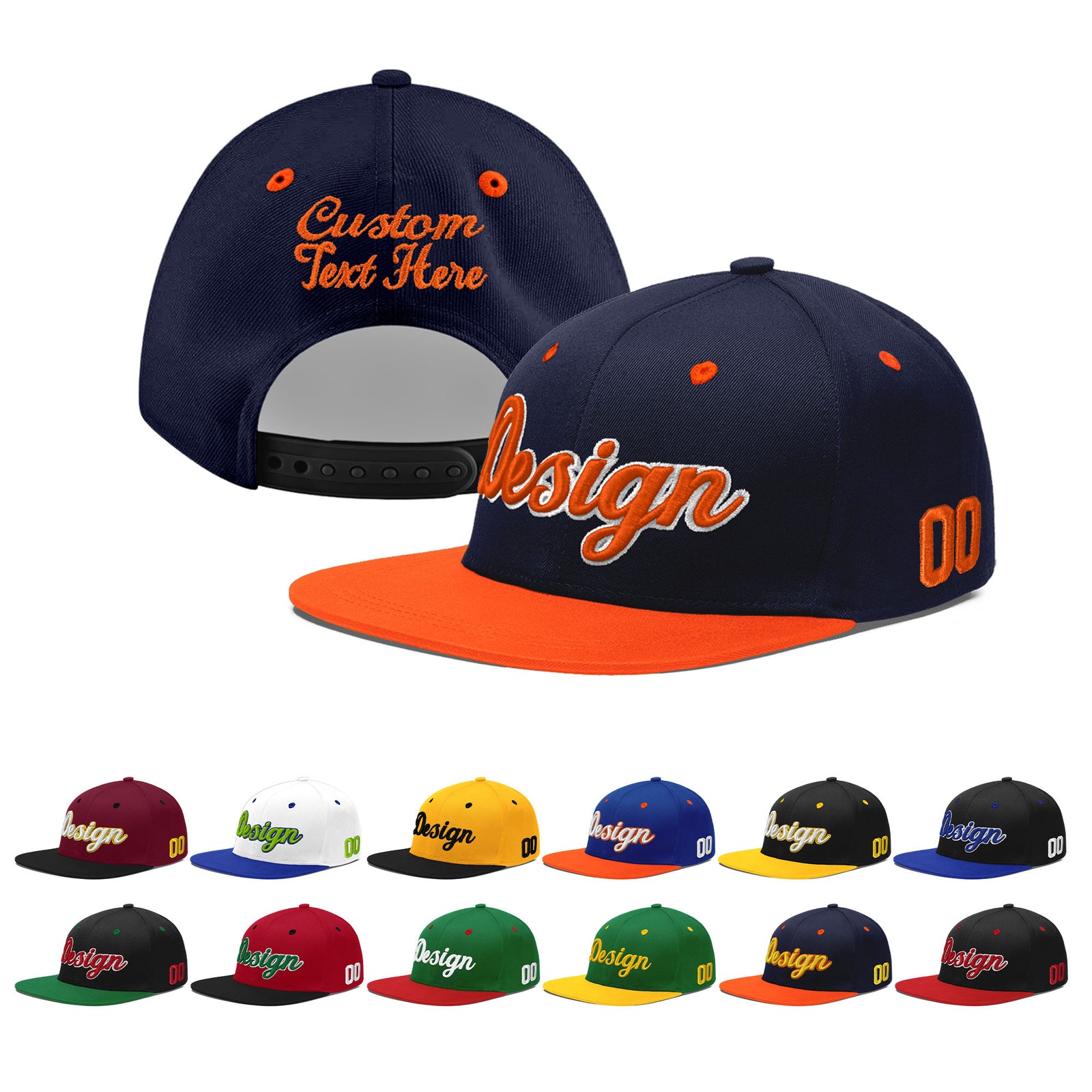 Custom Navy Orange 3D Puff Embroidery Flat Embroidery Casual Sport Baseball Cap
