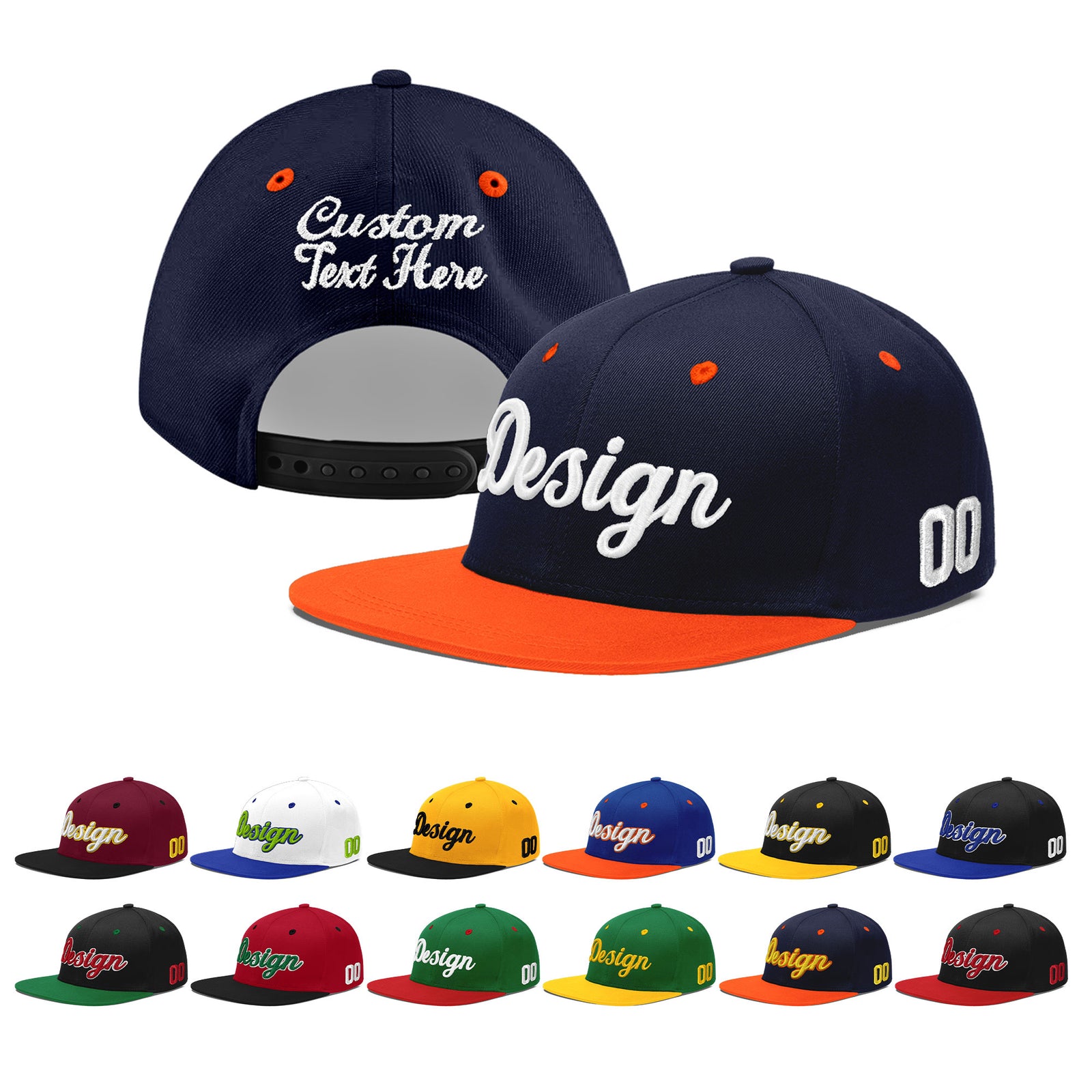 Custom Navy Orange 3D Puff Embroidery Flat Embroidery Casual Sport Baseball Cap