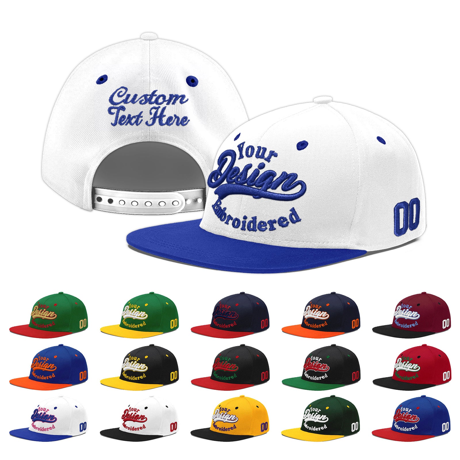 Custom White Royal Blue 3D Puff Embroidery Flat Embroidery Casual Sport Baseball Cap