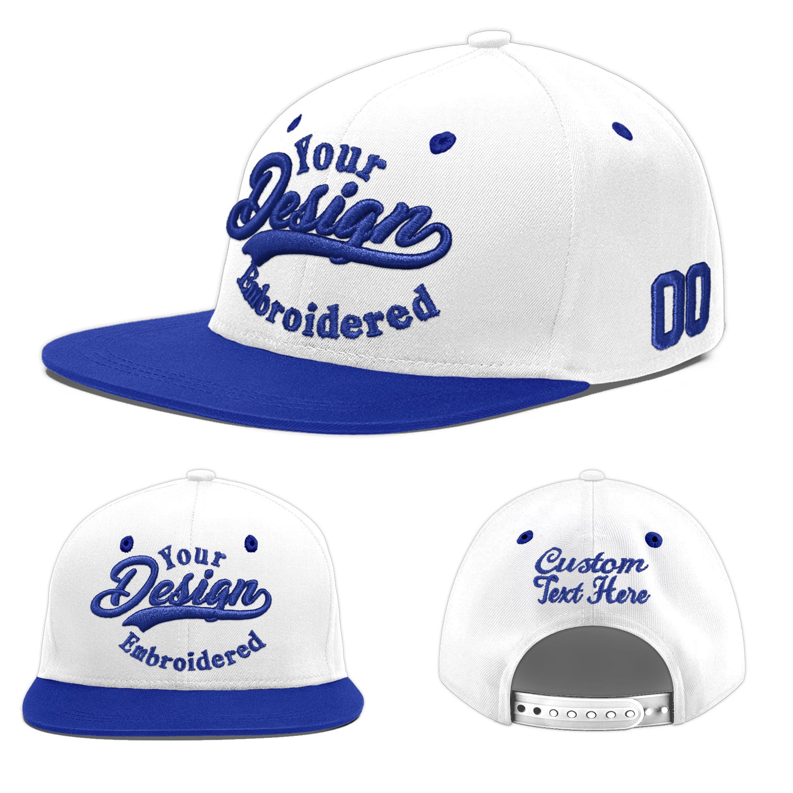 Custom White Royal Blue 3D Puff Embroidery Flat Embroidery Casual Sport Baseball Cap