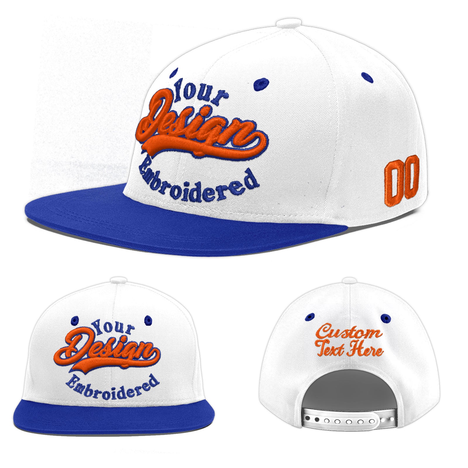 Custom White Royal Blue 3D Puff Embroidery Flat Embroidery Casual Sport Baseball Cap