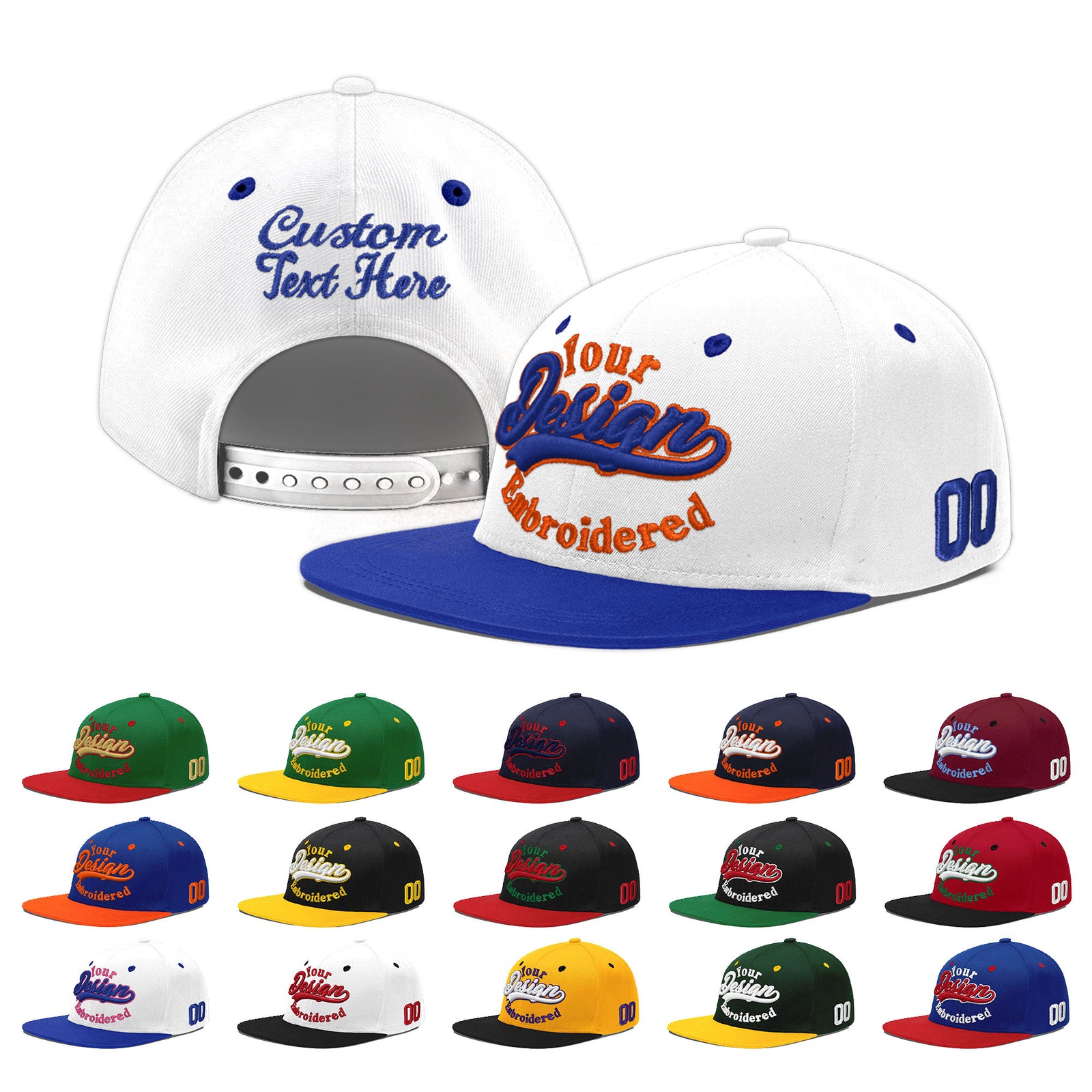 Custom White Royal Blue 3D Puff Embroidery Flat Embroidery Casual Sport Baseball Cap