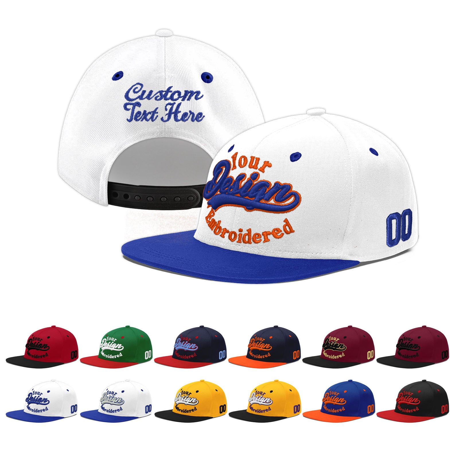 Custom White Royal Blue 3D Puff Embroidery Flat Embroidery Casual Sport Baseball Cap