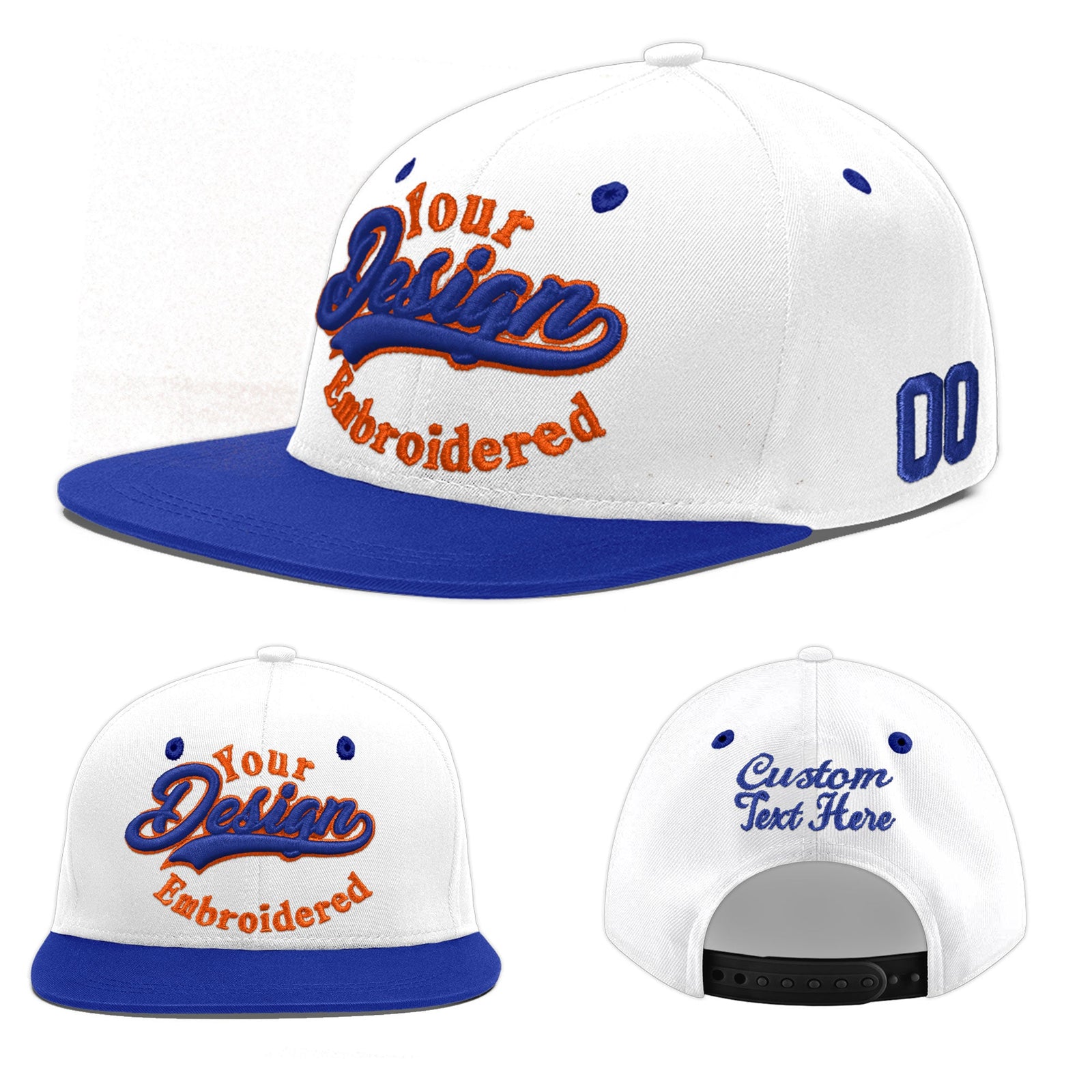 Custom White Royal Blue 3D Puff Embroidery Flat Embroidery Casual Sport Baseball Cap