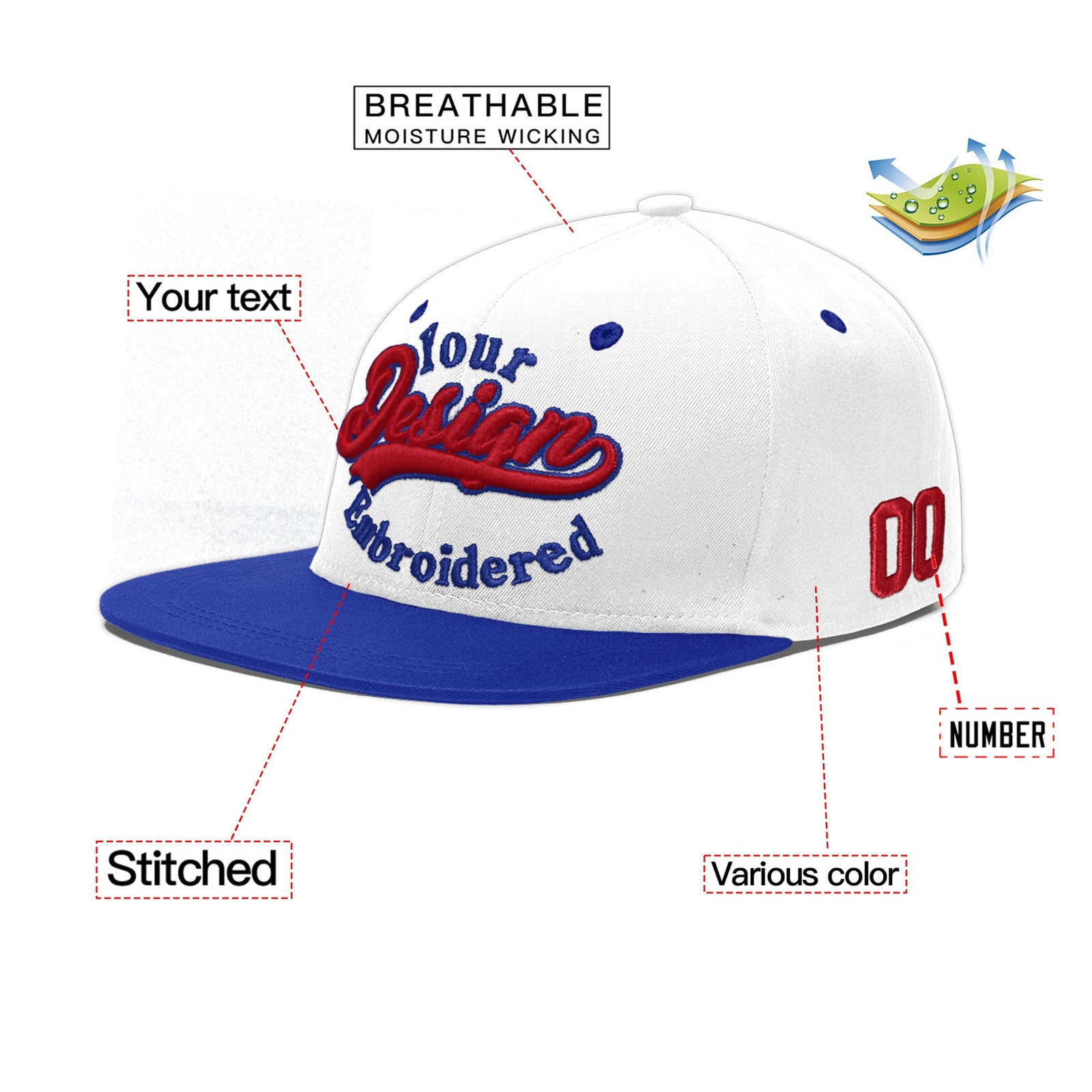 Custom White Royal Blue 3D Puff Embroidery Flat Embroidery Casual Sport Baseball Cap