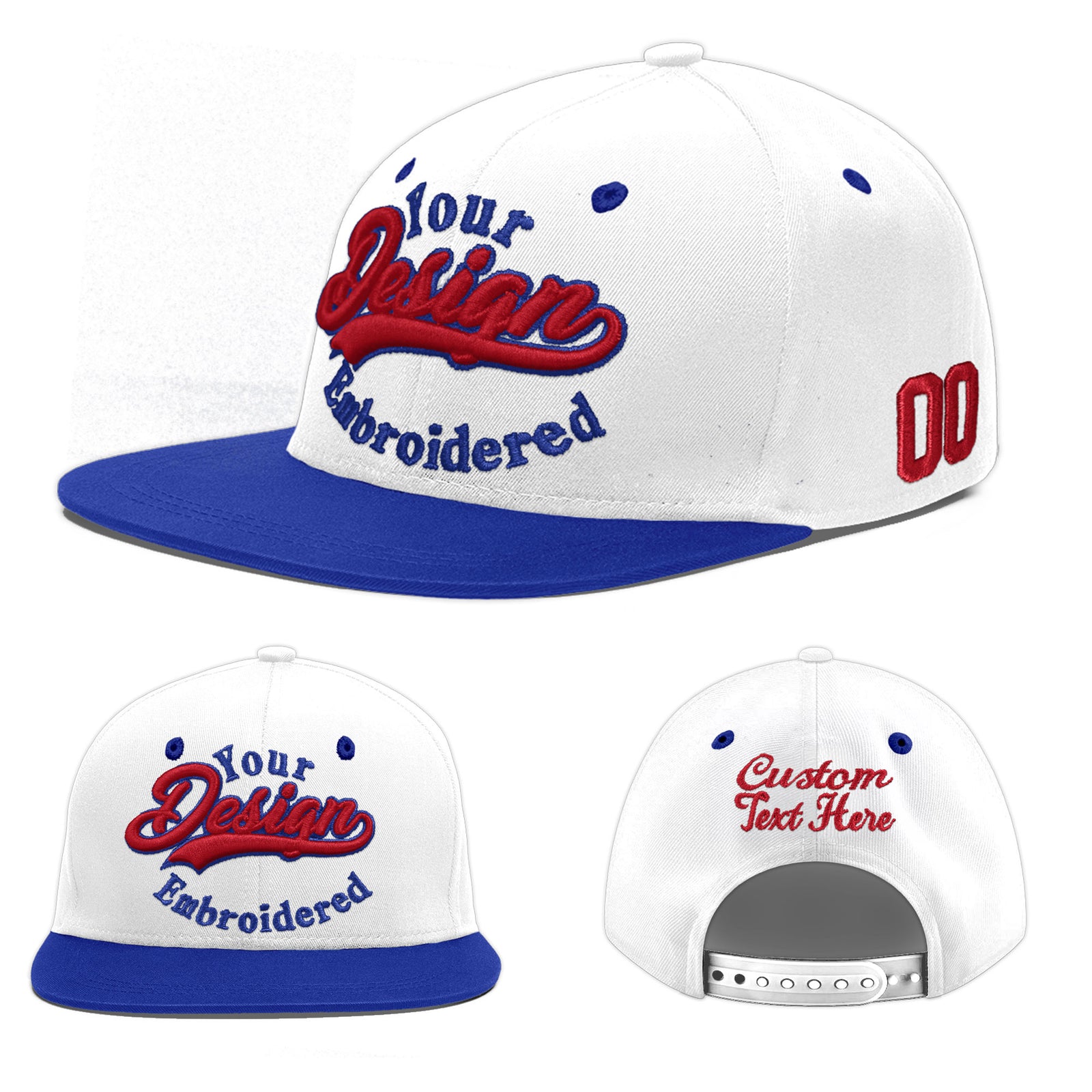 Custom White Royal Blue 3D Puff Embroidery Flat Embroidery Casual Sport Baseball Cap