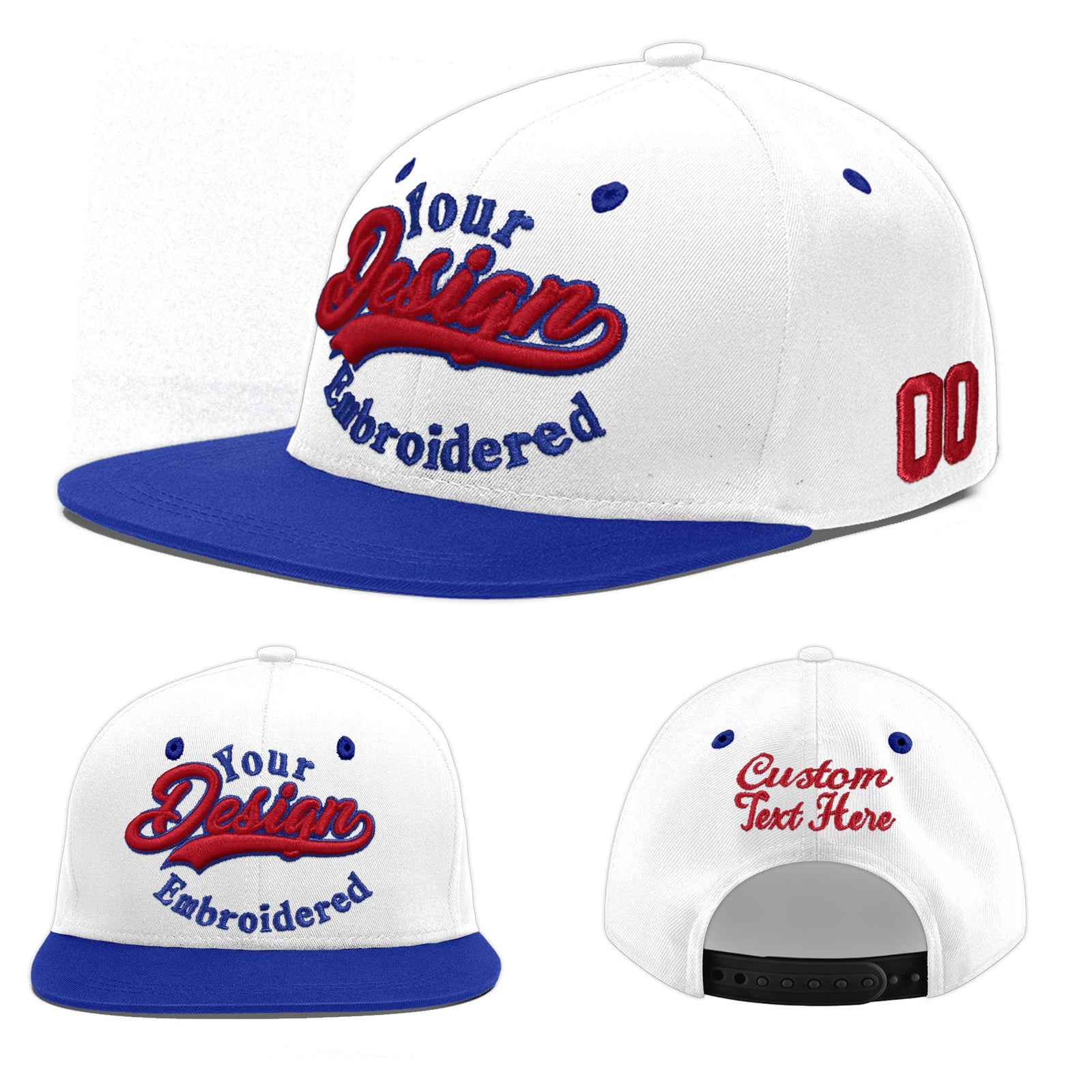 Custom White Royal Blue 3D Puff Embroidery Flat Embroidery Casual Sport Baseball Cap